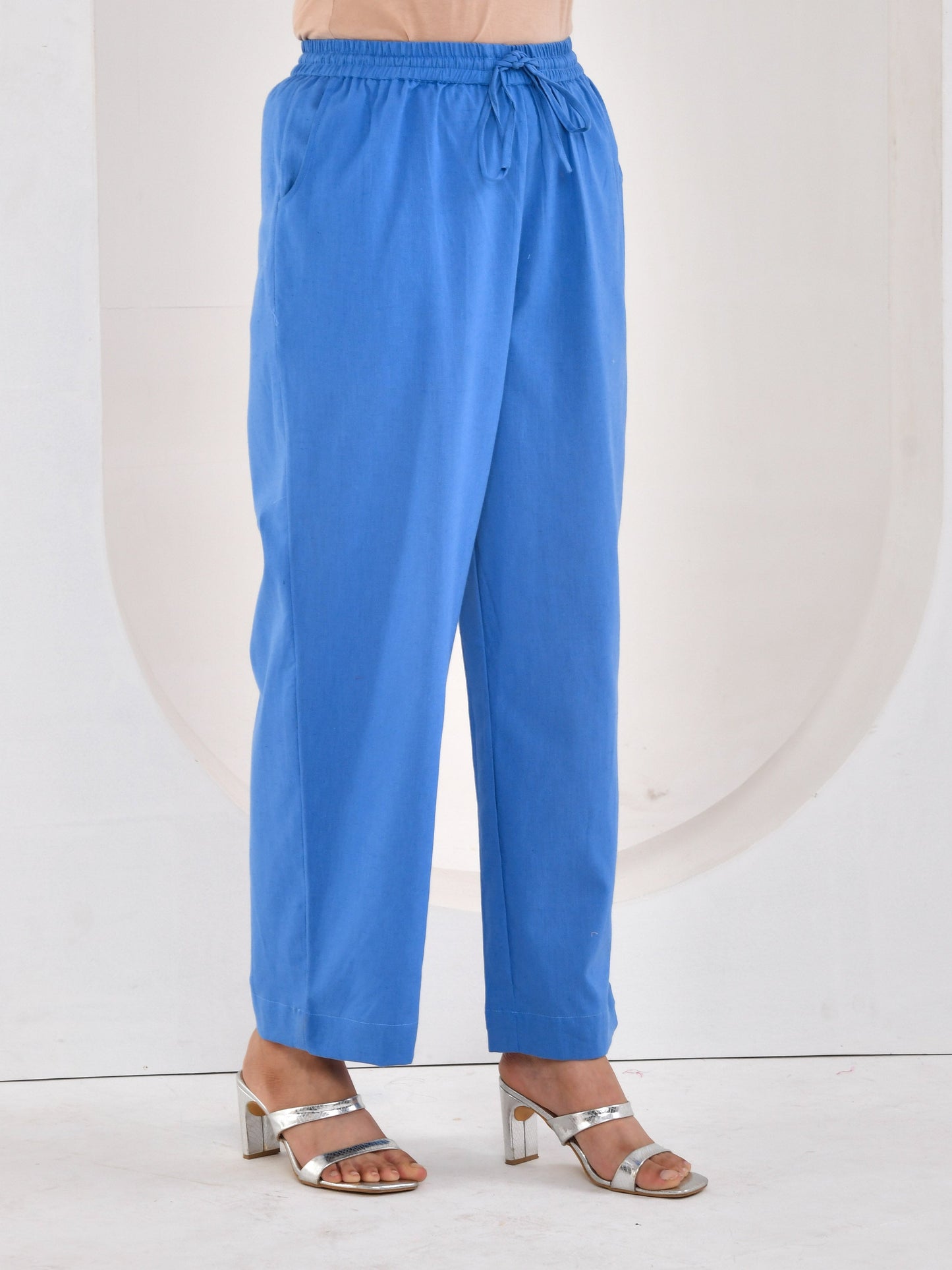 Linen cotton Solid Blue Straight Trousers