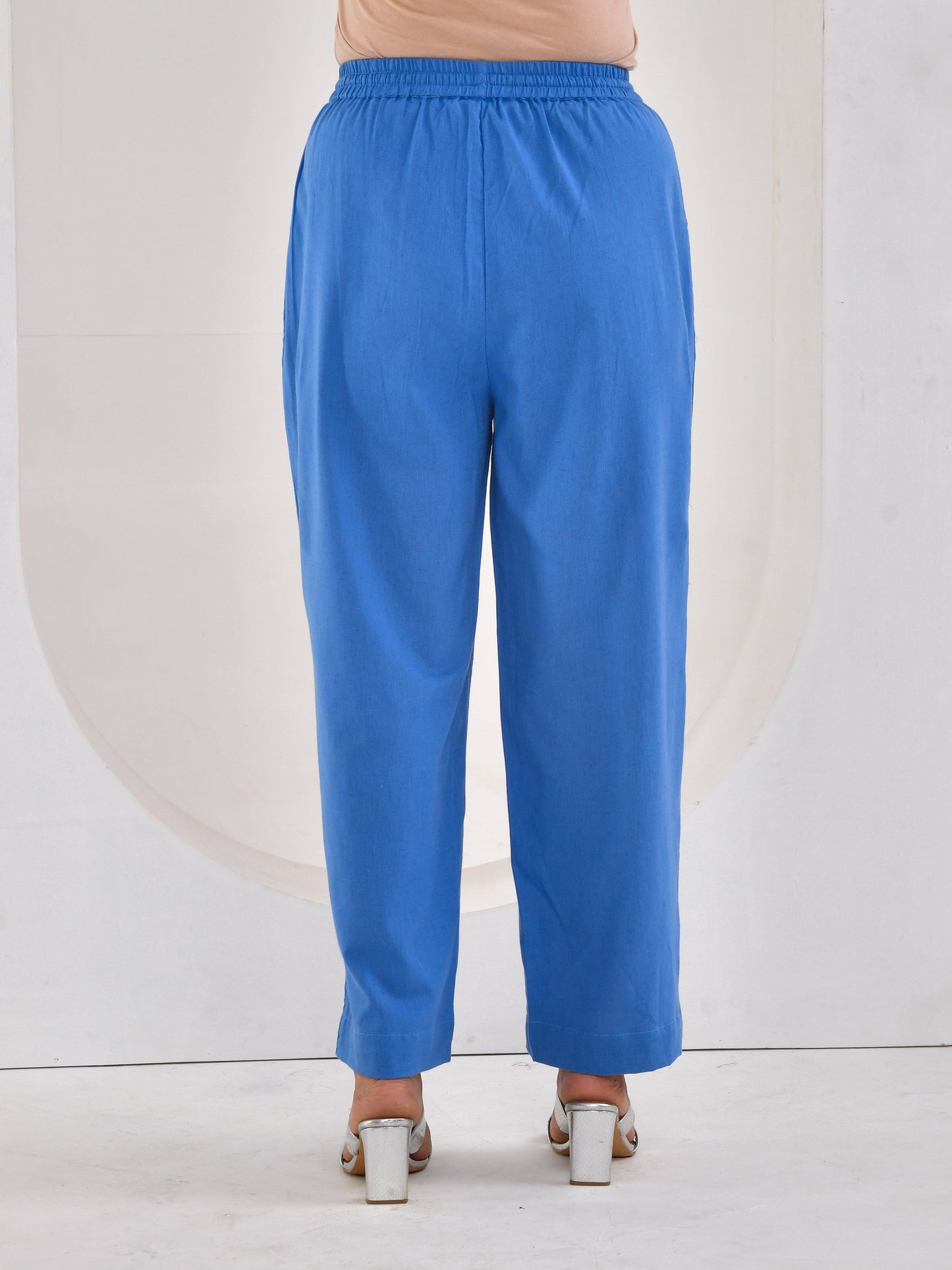 Linen cotton Solid Blue Straight Trousers