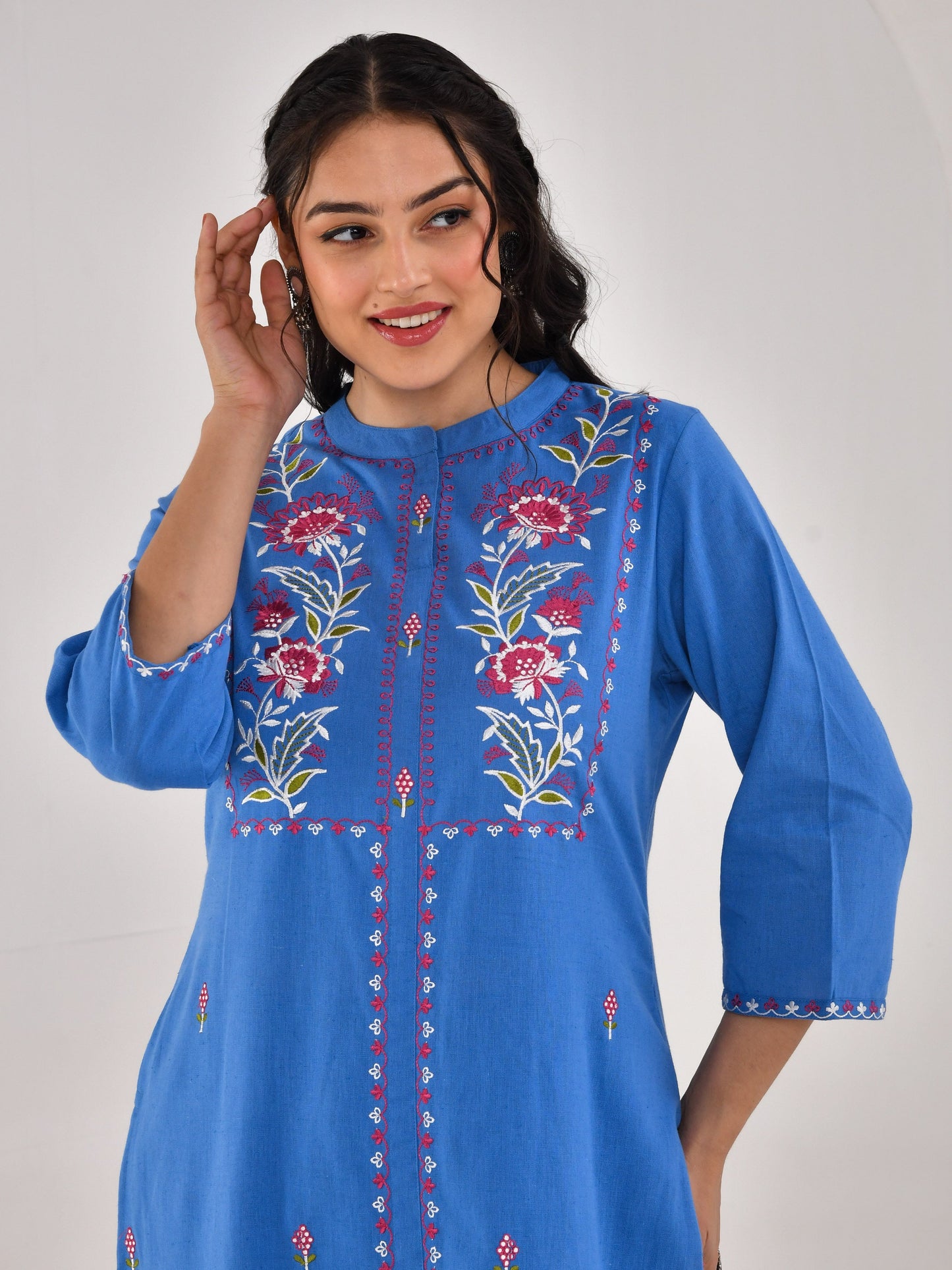 Embroidered Linen cotton Solid Straight Blue Kurta