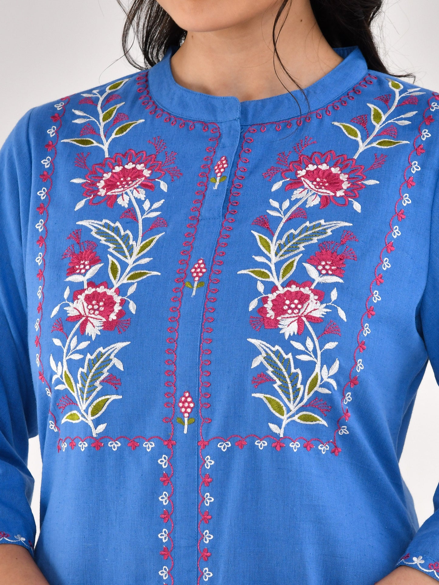 Embroidered Linen cotton Solid Straight Blue Kurta