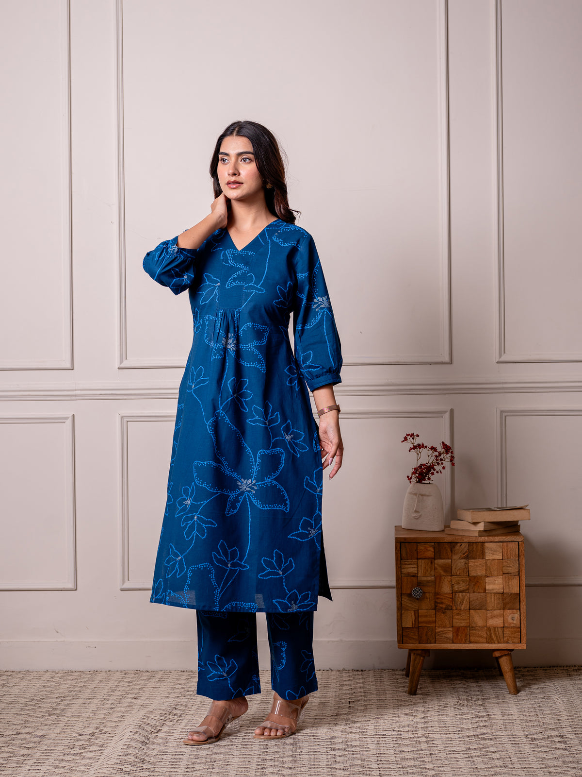 Soft cotton Floral A-line Blue Kurta
