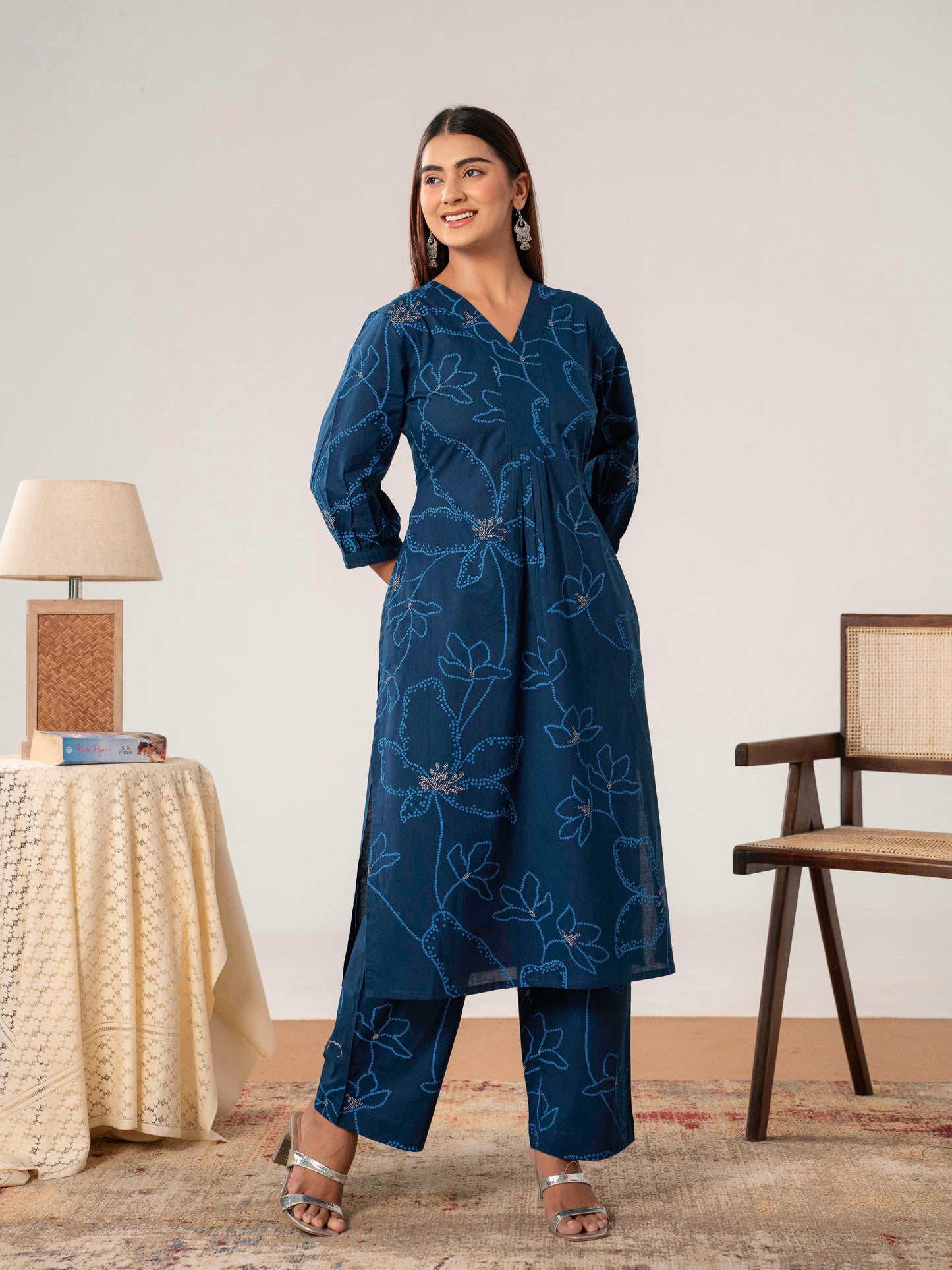 Soft cotton Floral A-line Blue Kurta