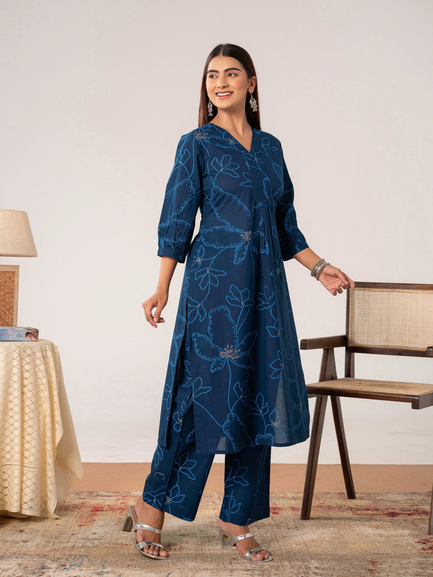 Soft cotton Floral A-line Blue Kurta