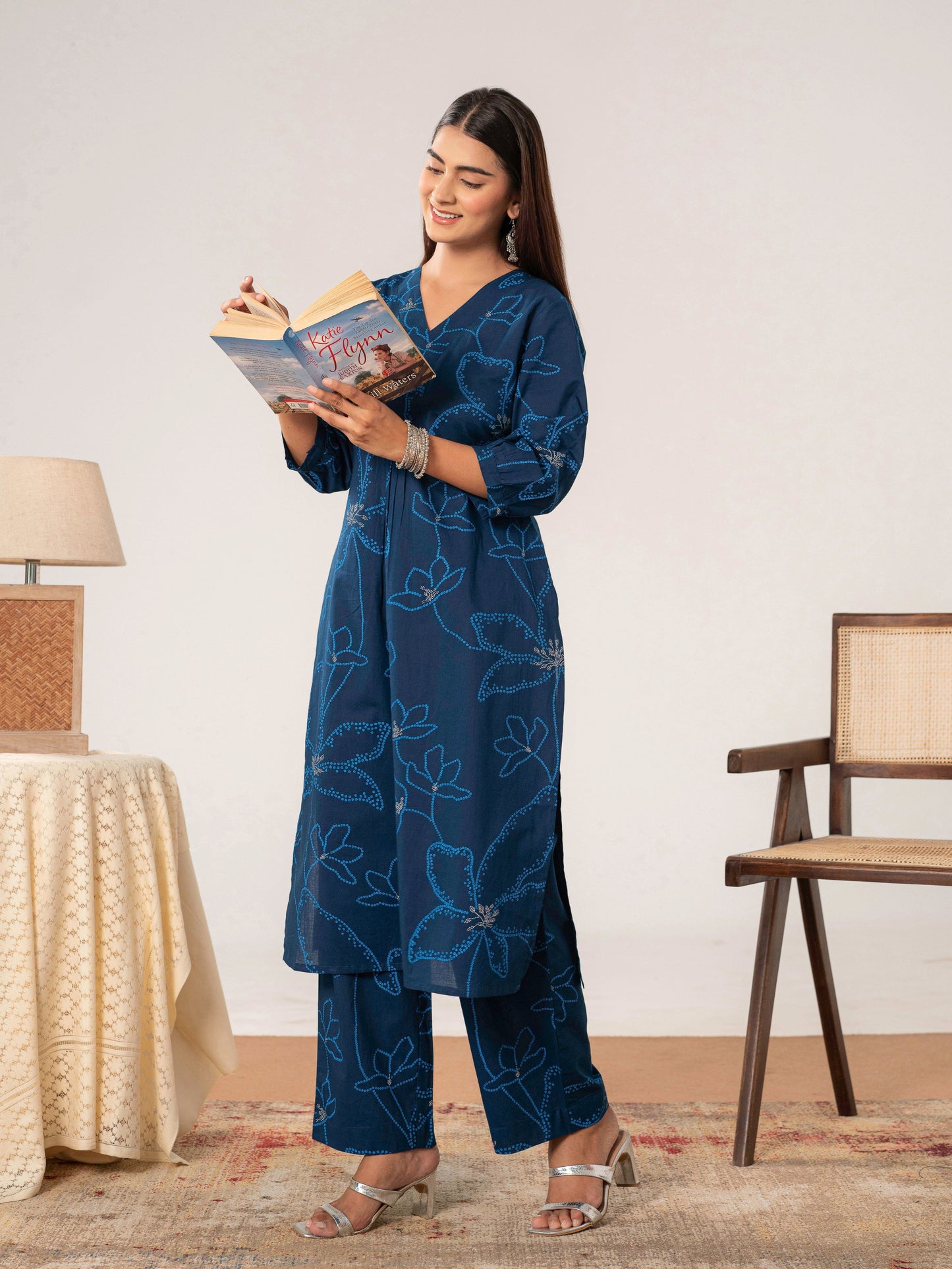 Soft cotton Floral A-line Blue Kurta