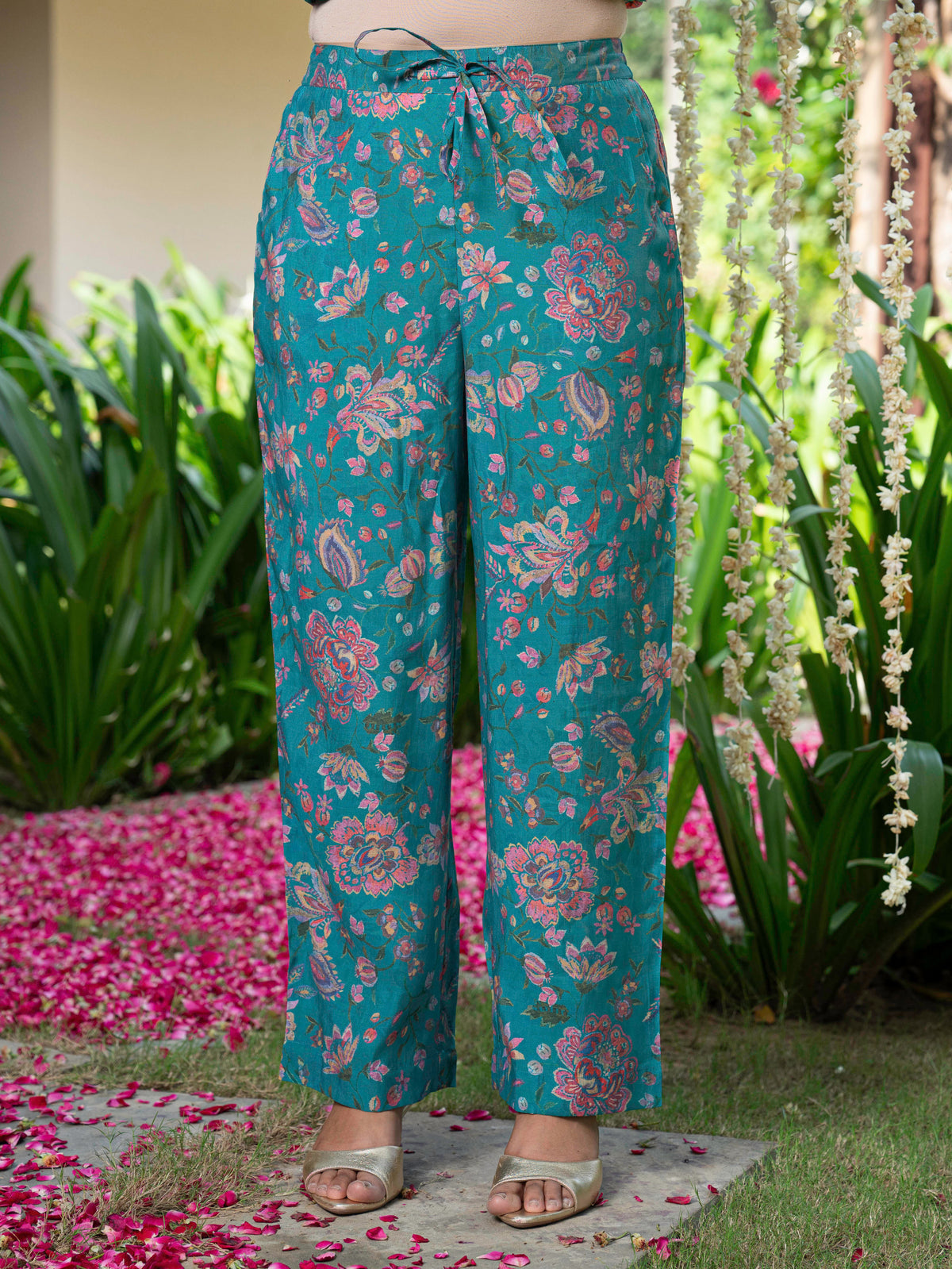 Chanderi Floral Turquoise Blue Straight Trousers