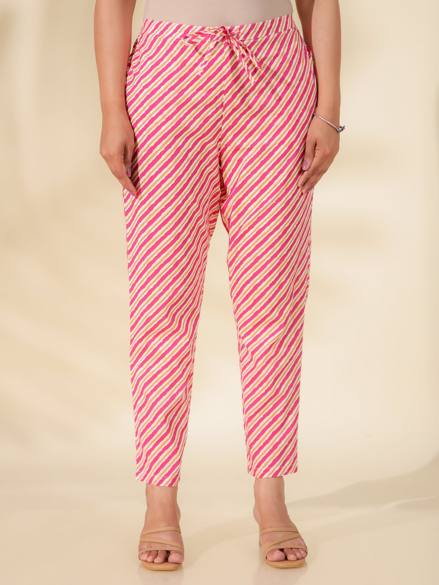 Soft Cotton Striped Pink Trousers  Tapered Trousers