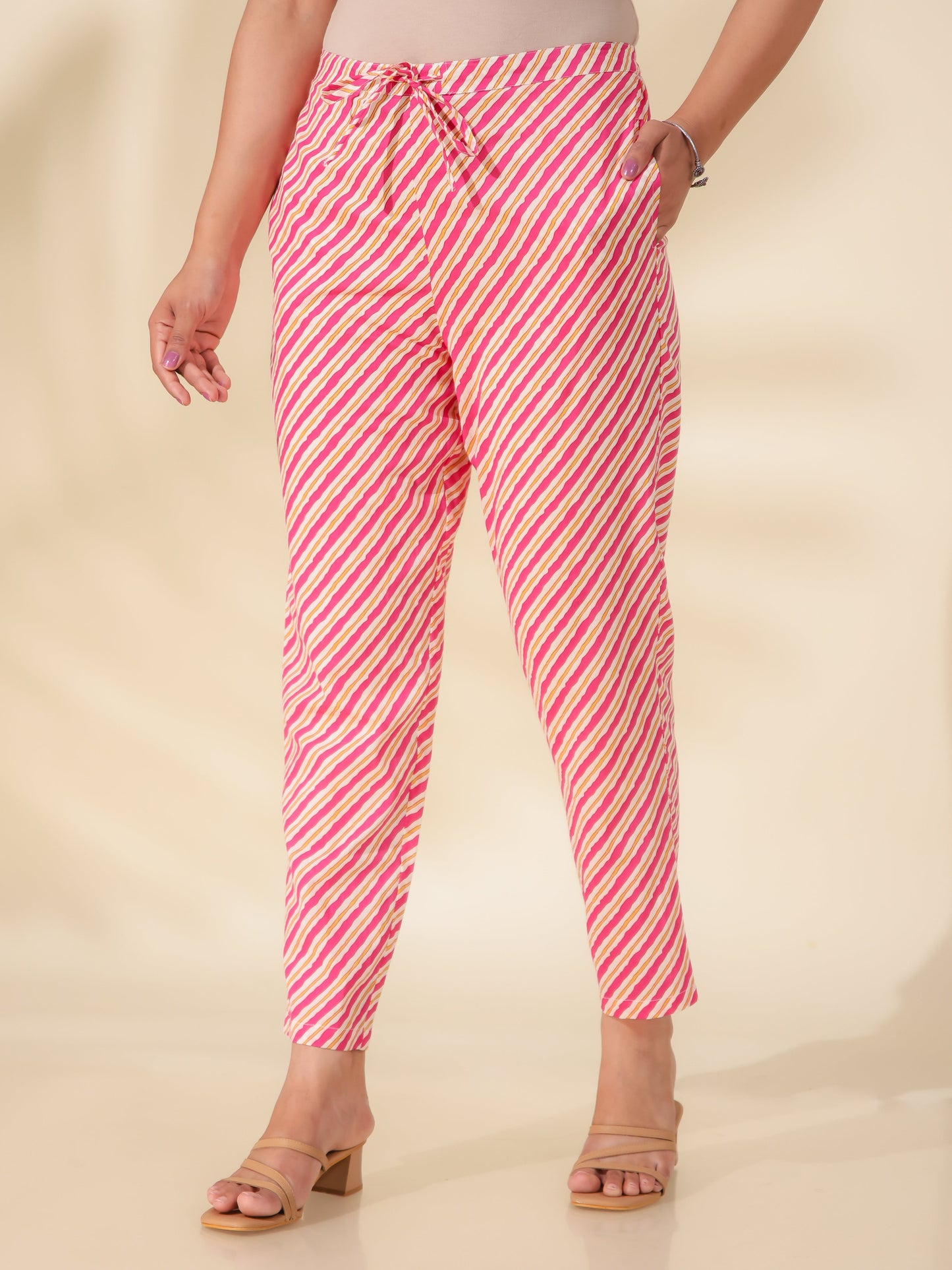 Soft Cotton Striped Pink Trousers  Tapered Trousers