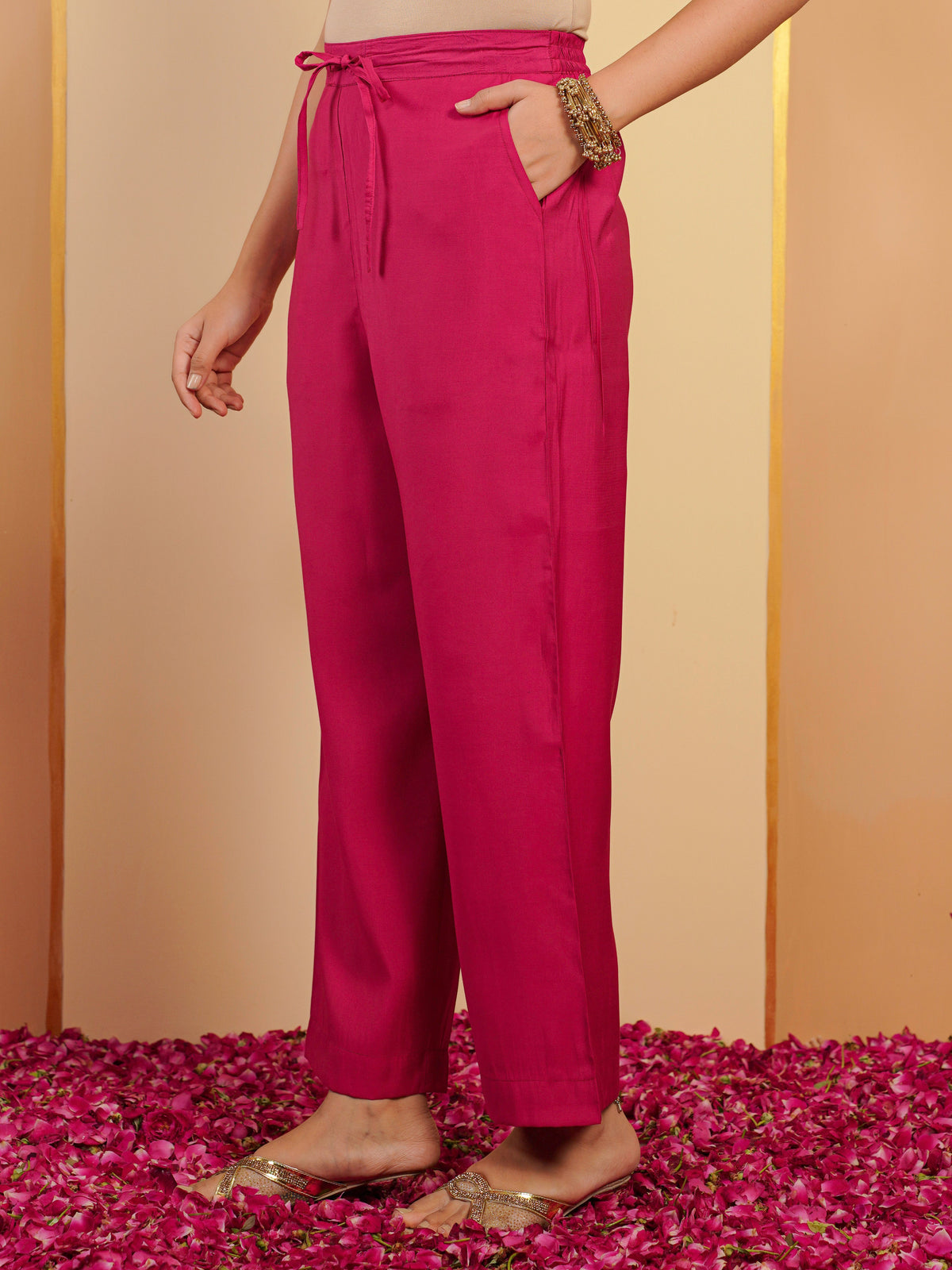 chanderi floral plain pink kurta