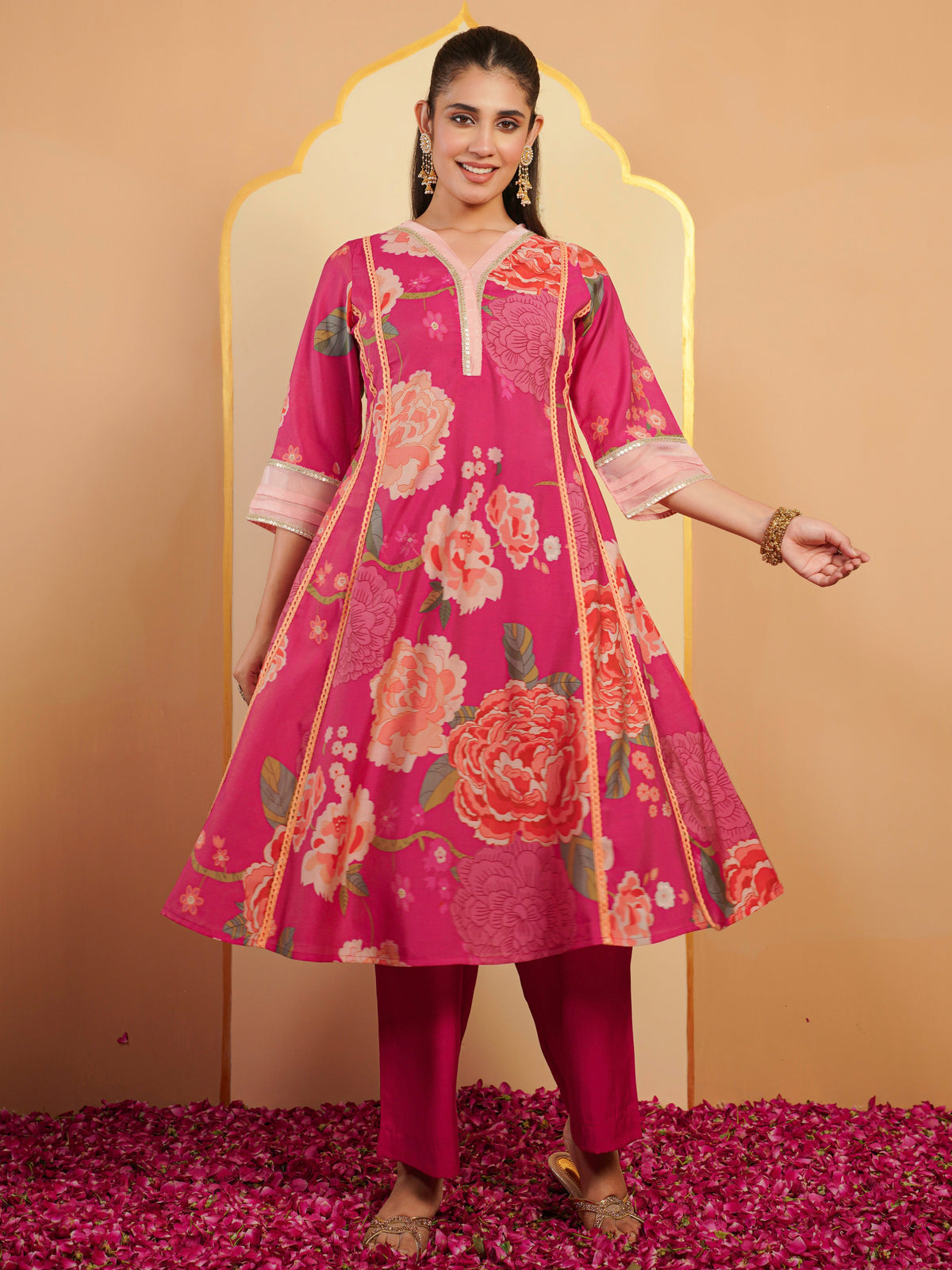 chanderi floral plain pink kurta