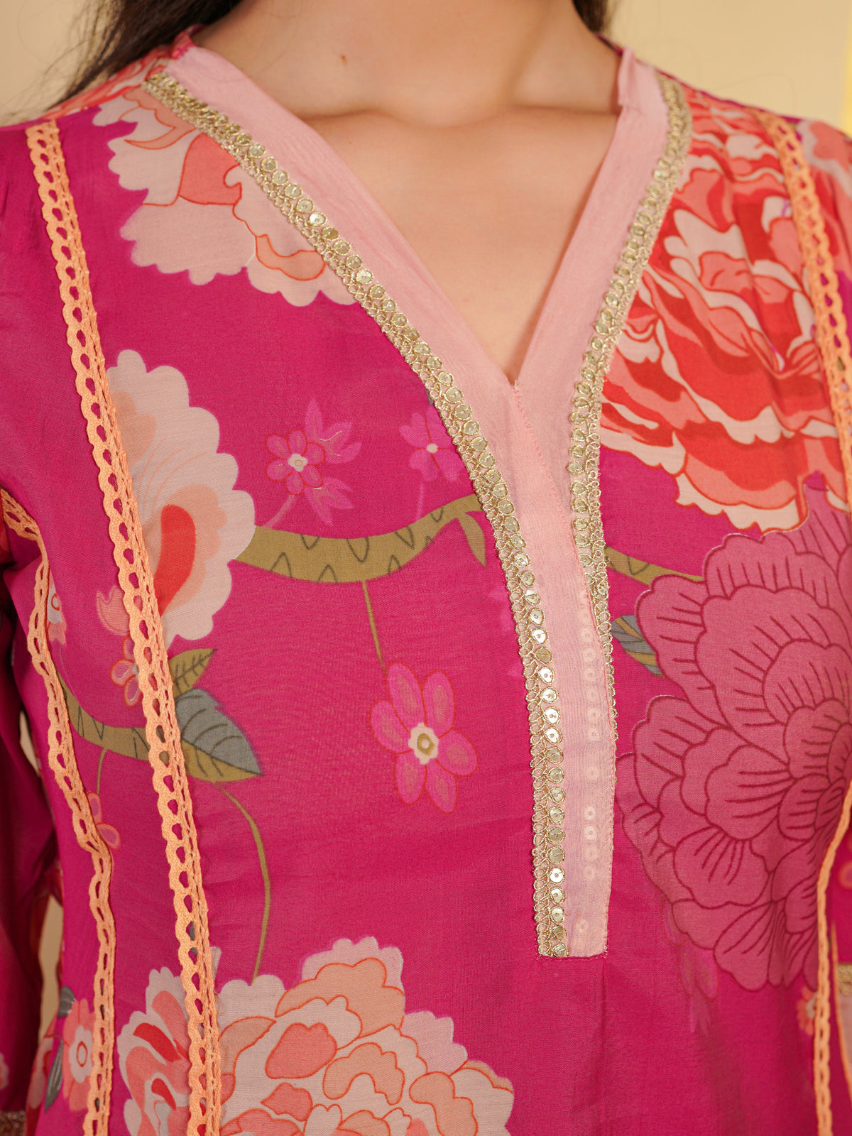 chanderi floral plain pink kurta