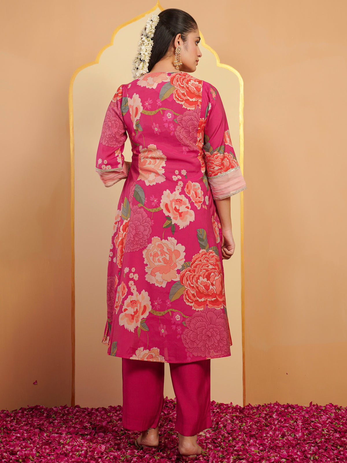 chanderi floral plain pink kurta