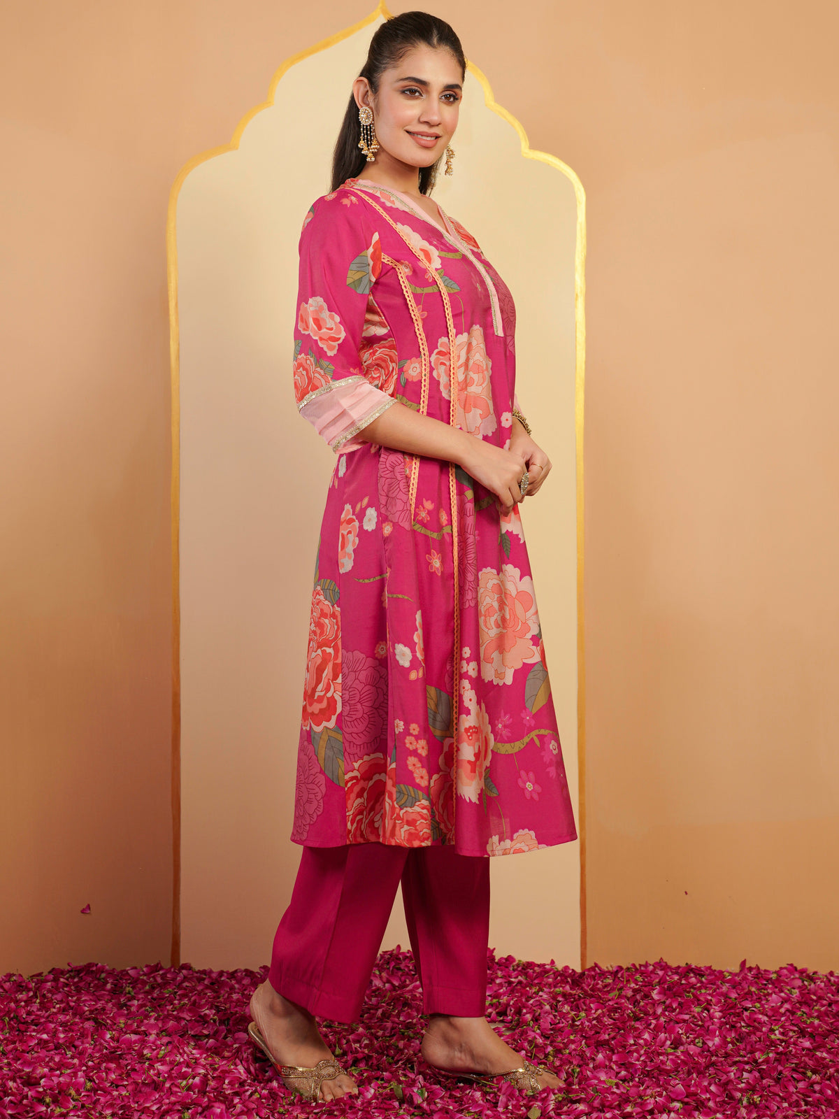 chanderi floral plain pink kurta