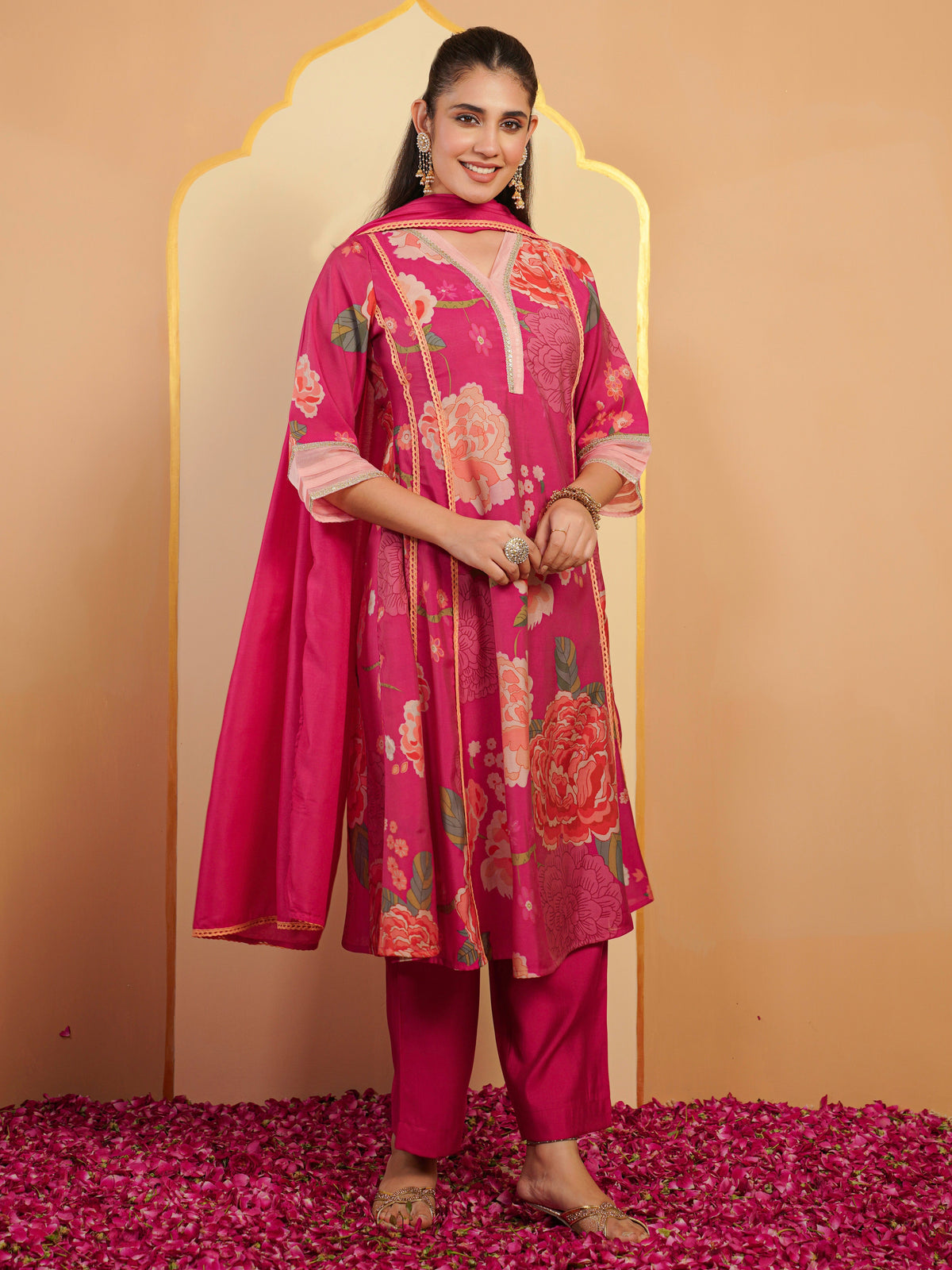 chanderi floral plain pink kurta