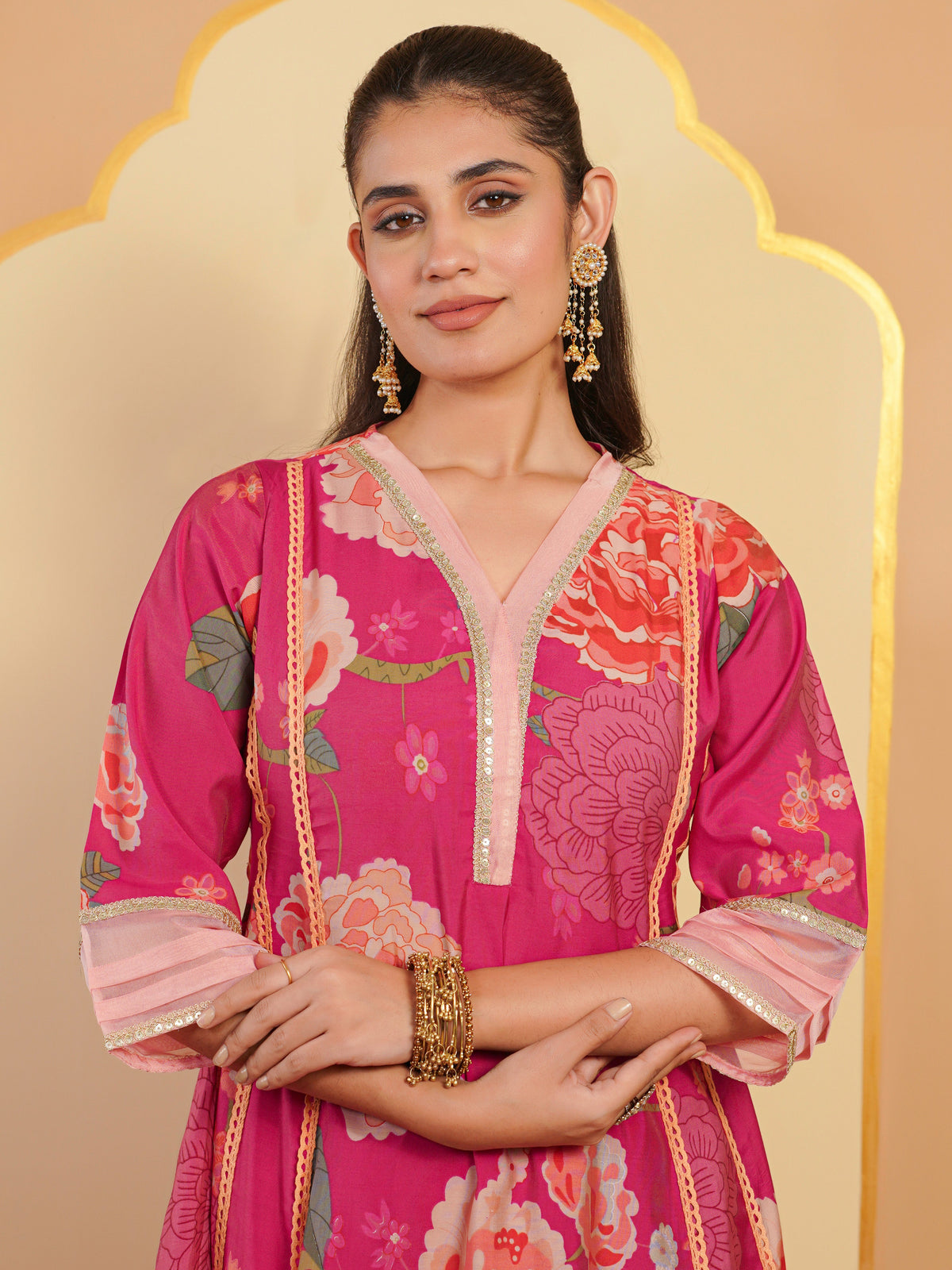 chanderi floral plain pink kurta