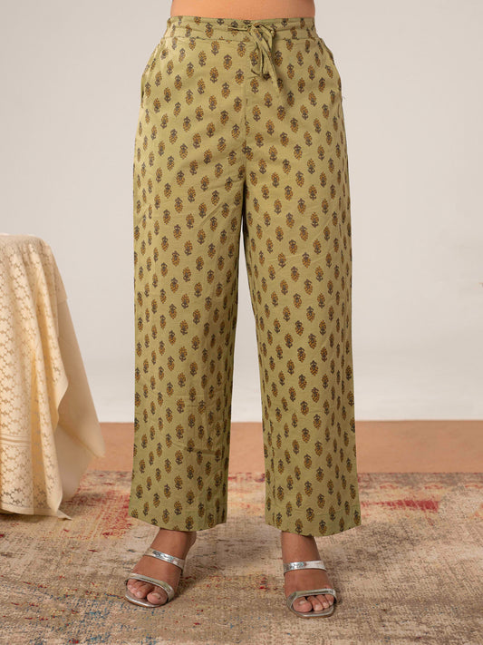 Soft Cotton Butti Green Straight Trousers