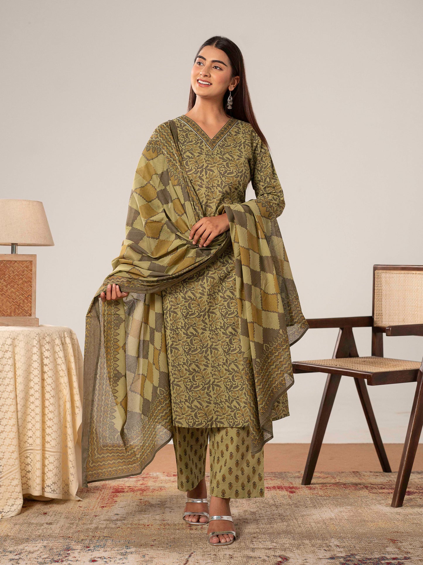 Cotton Voile Geometric Green Dupatta
