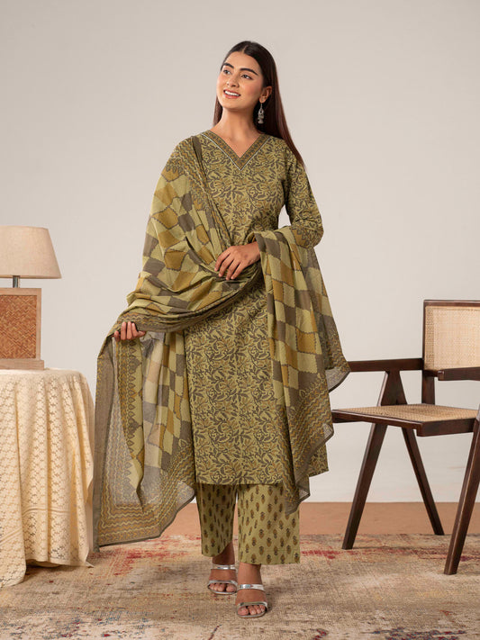 Cotton Voile Geometric Green Dupatta