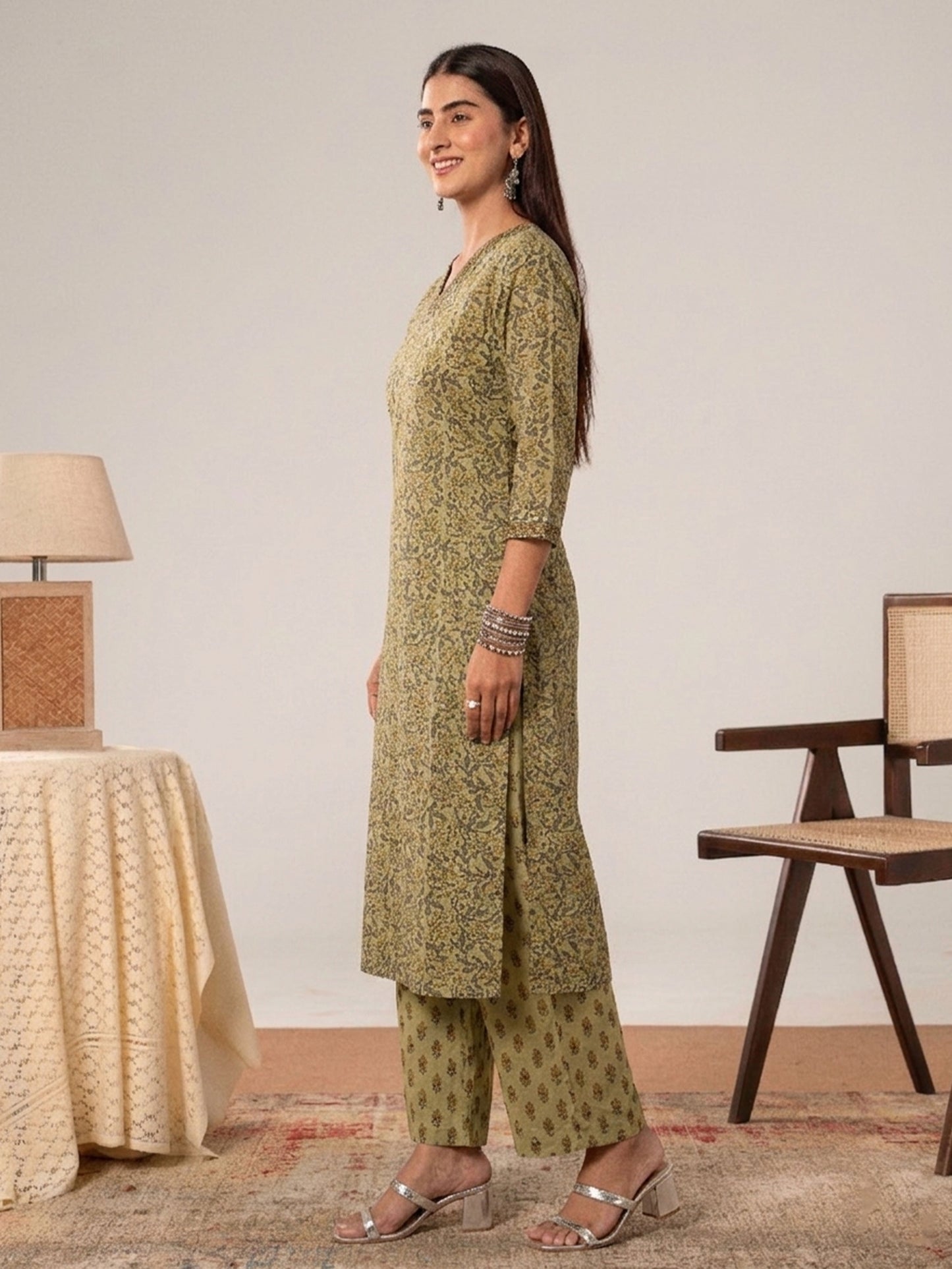 Soft Cotton Floral Straight Green Kurta