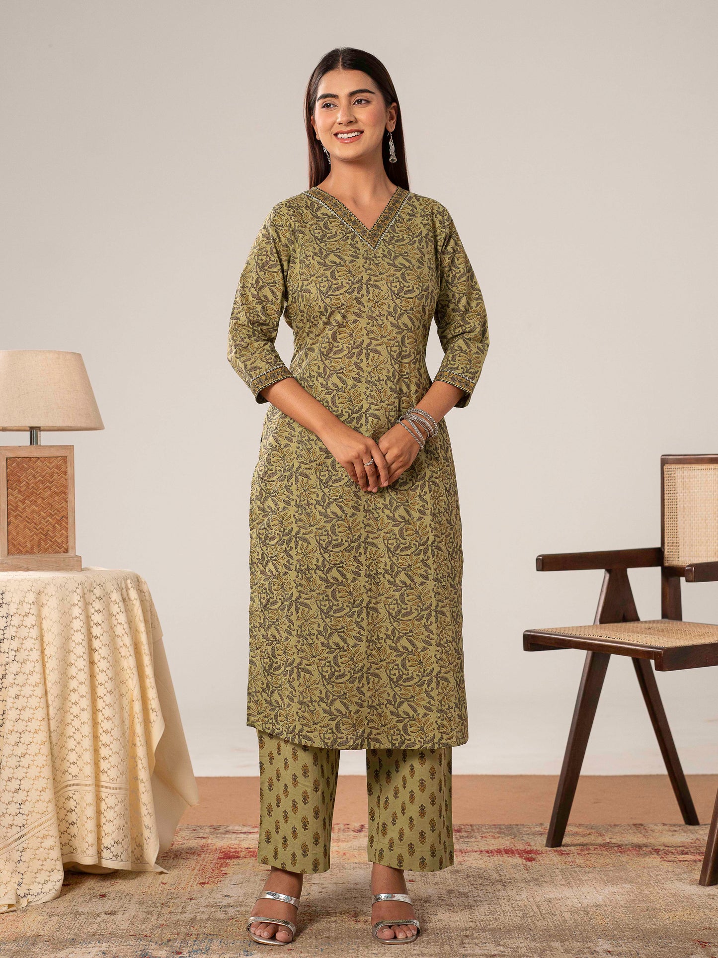 Soft Cotton Floral Straight Green Kurta