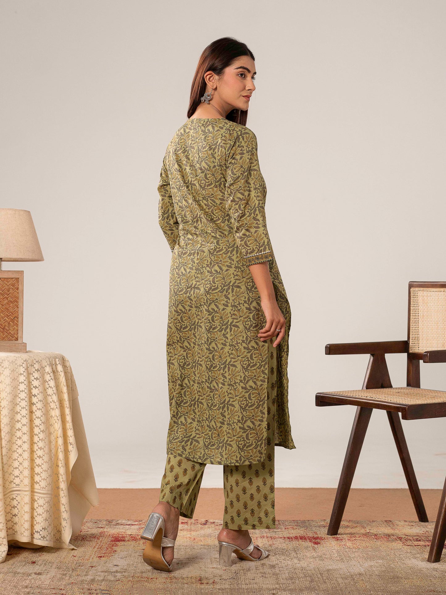 Soft Cotton Floral Straight Green Kurta