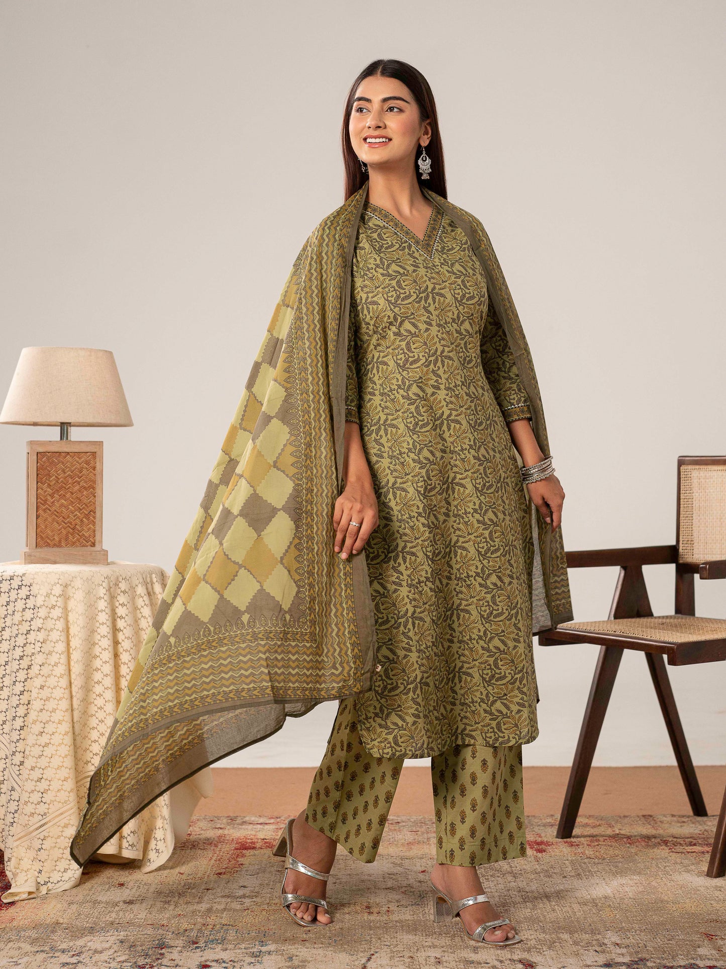 Soft Cotton Floral Straight Green Kurta