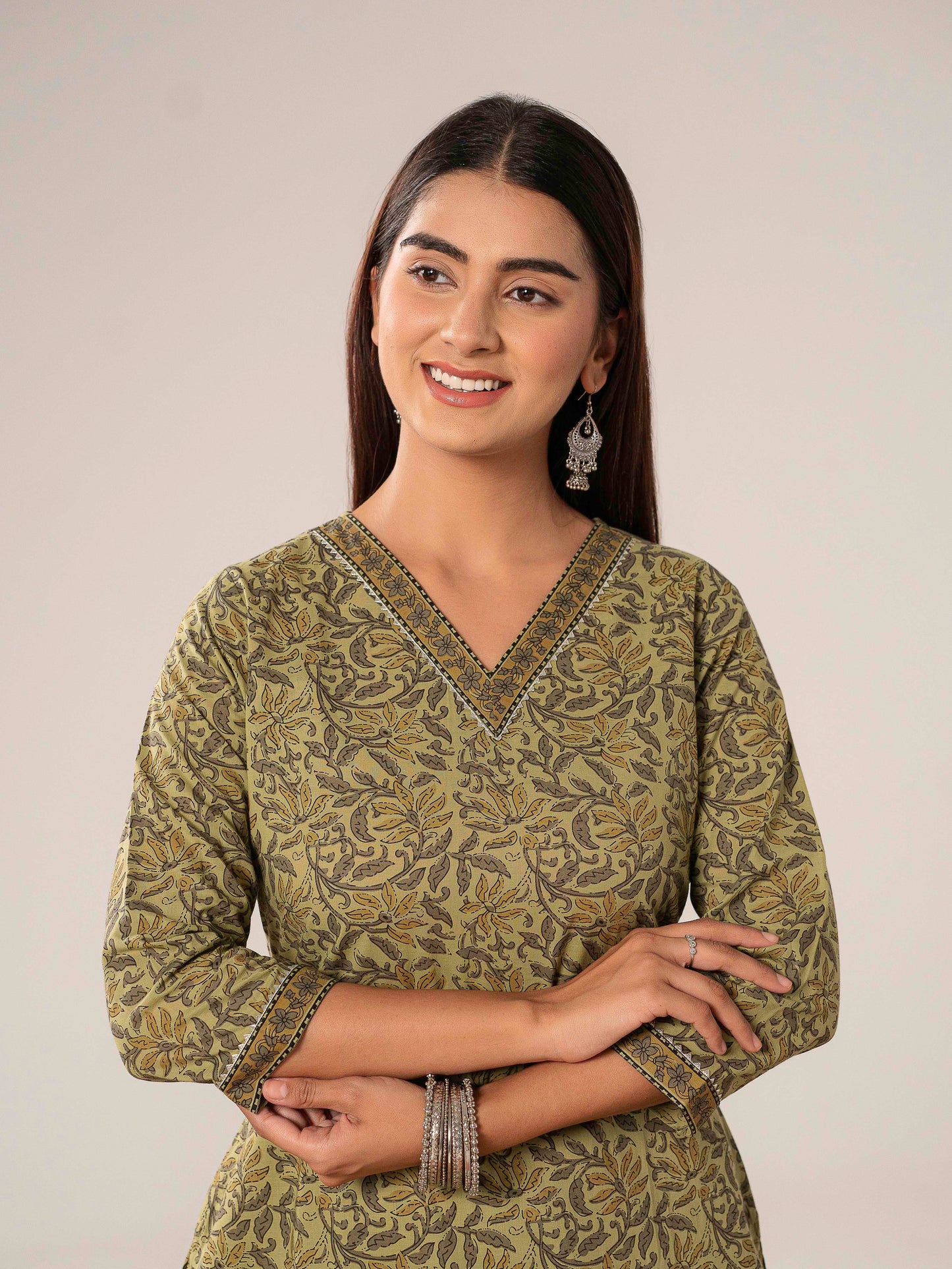 Soft Cotton Floral Straight Green Kurta