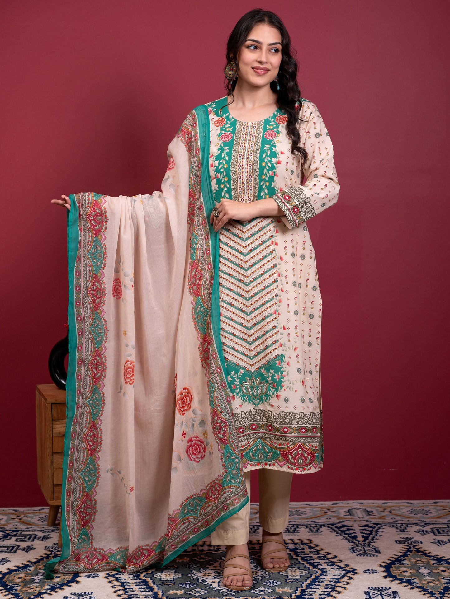 Cotton voile Floral Cream Dupatta