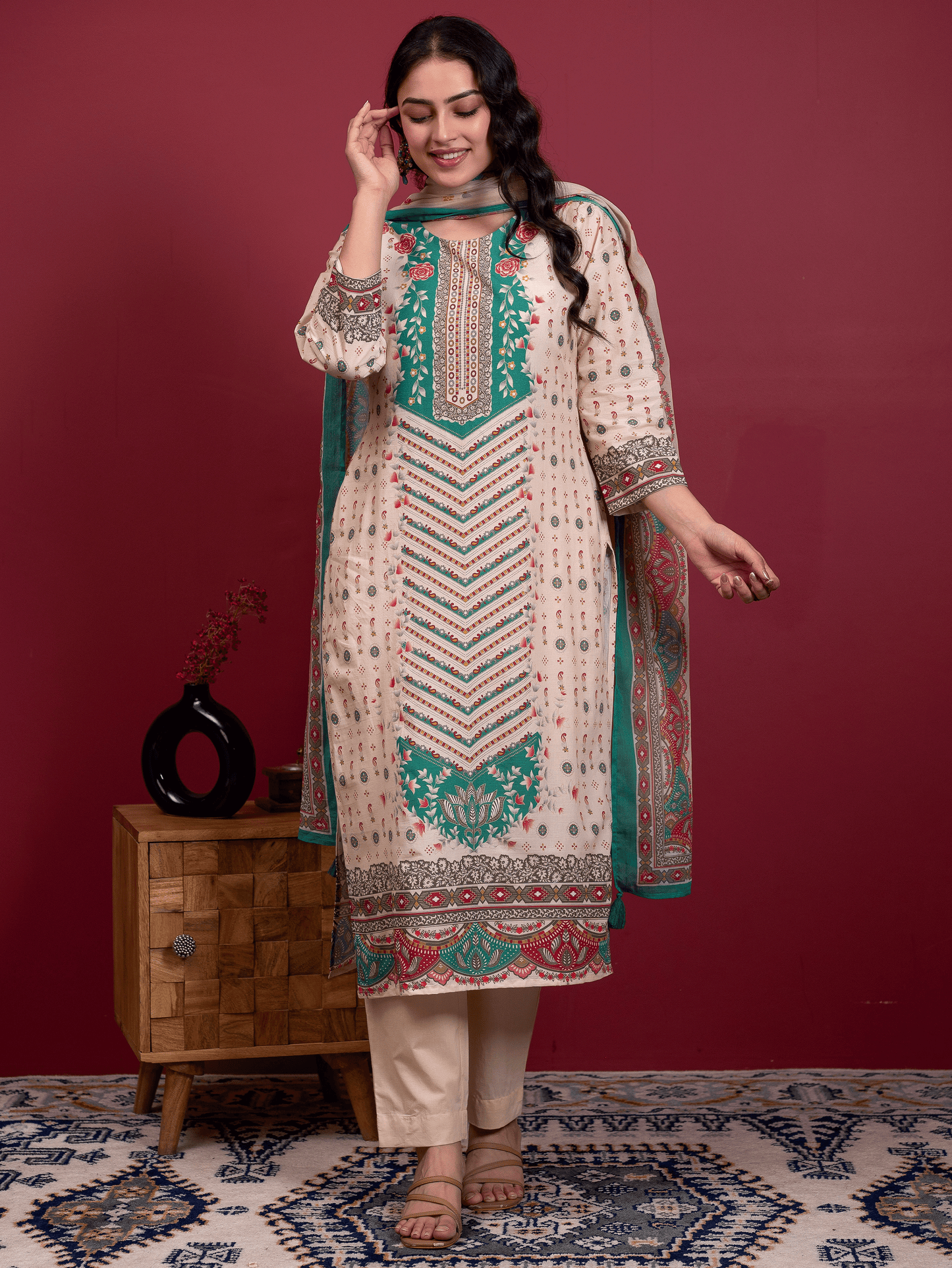 Cotton voile Floral Cream Dupatta