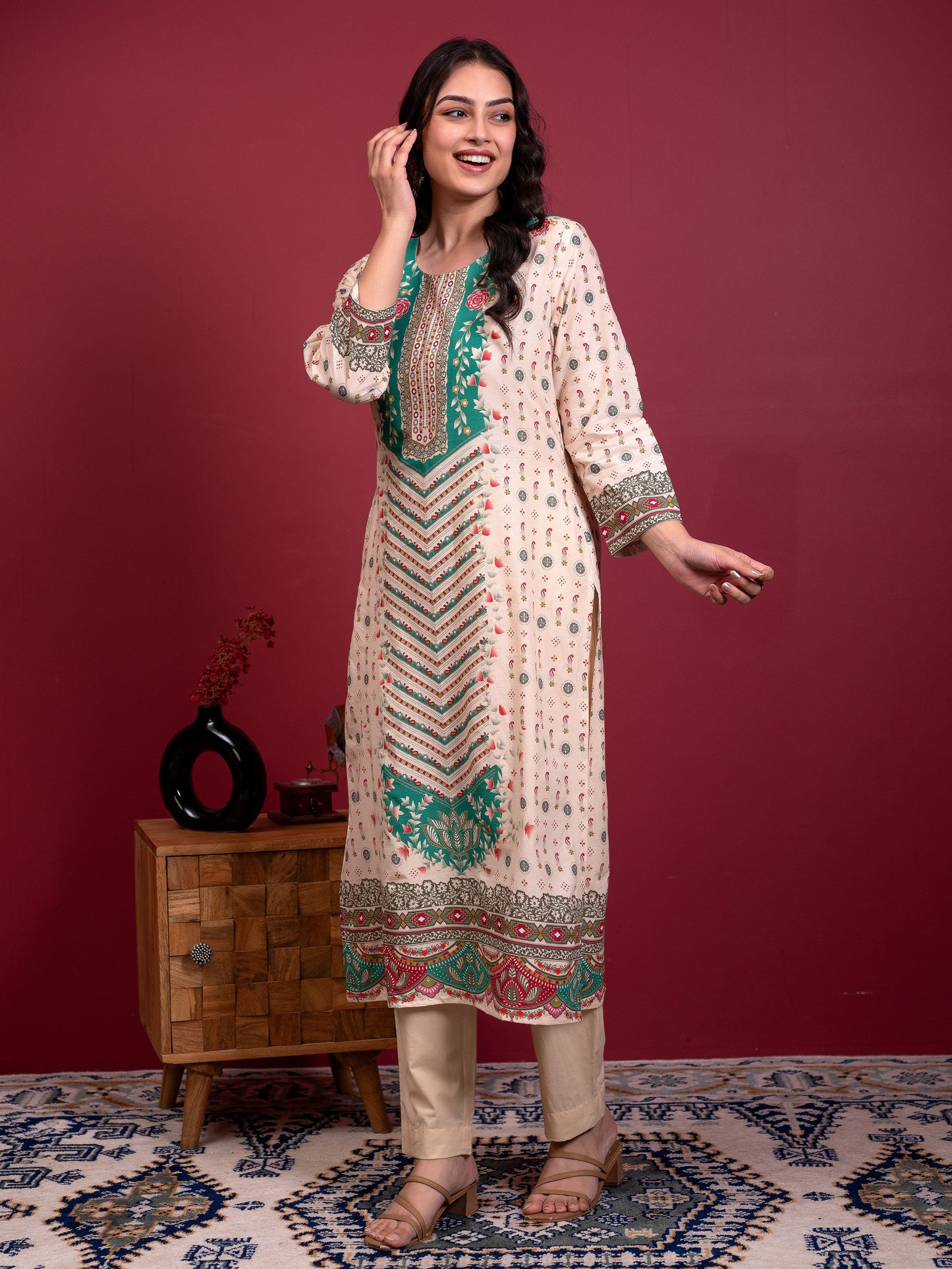Soft cotton Floral Straight Cream Kurta
