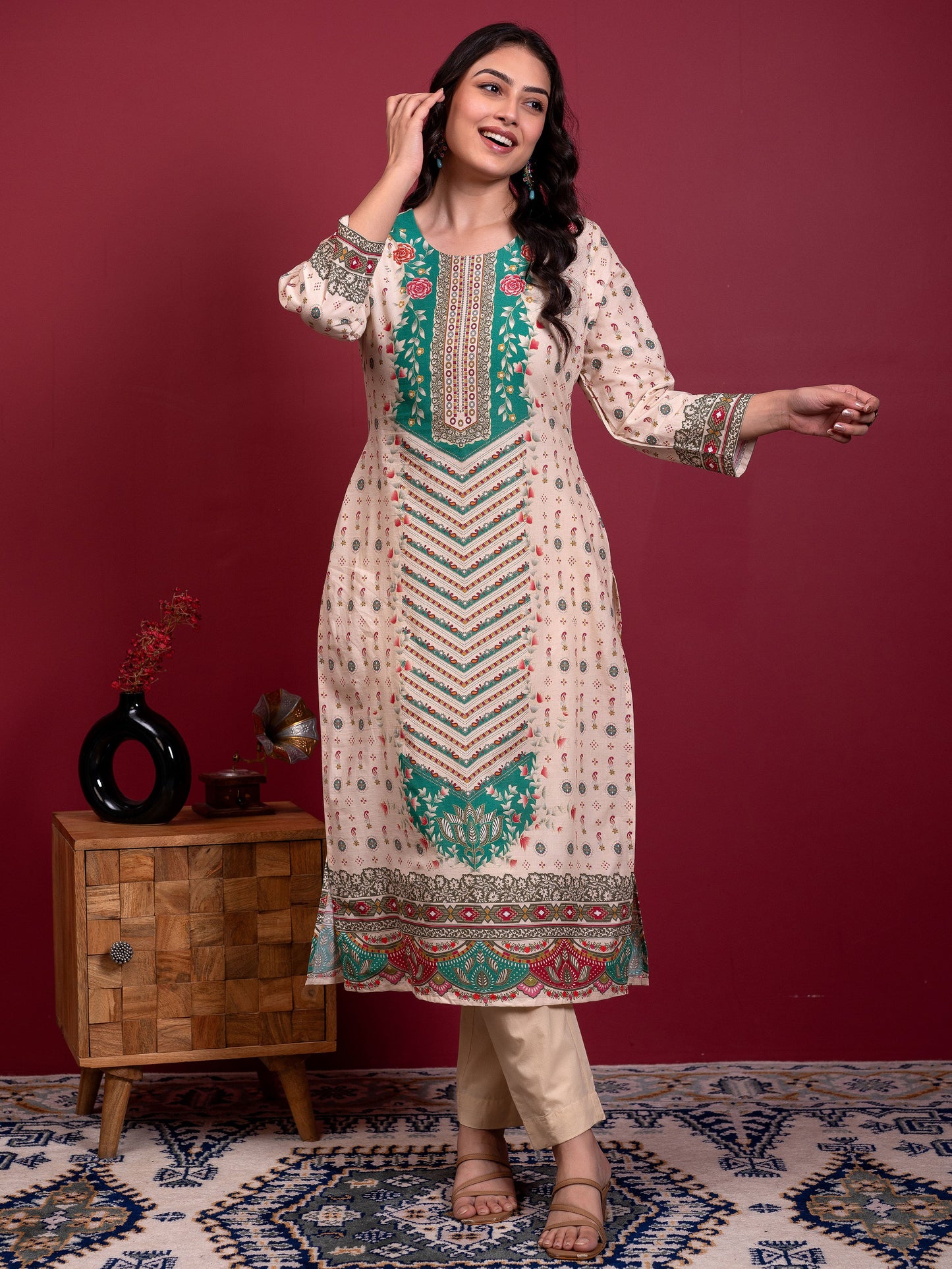 Soft cotton Floral Straight Cream Kurta