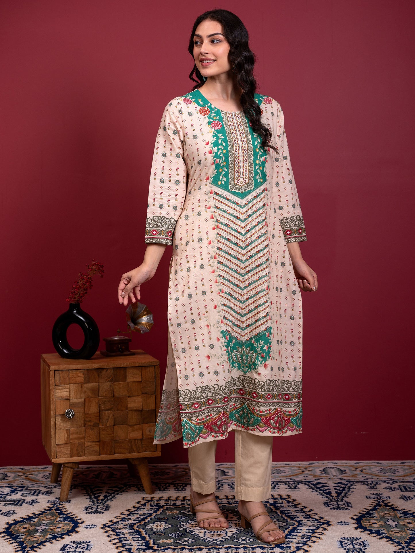 Soft cotton Floral Straight Cream Kurta