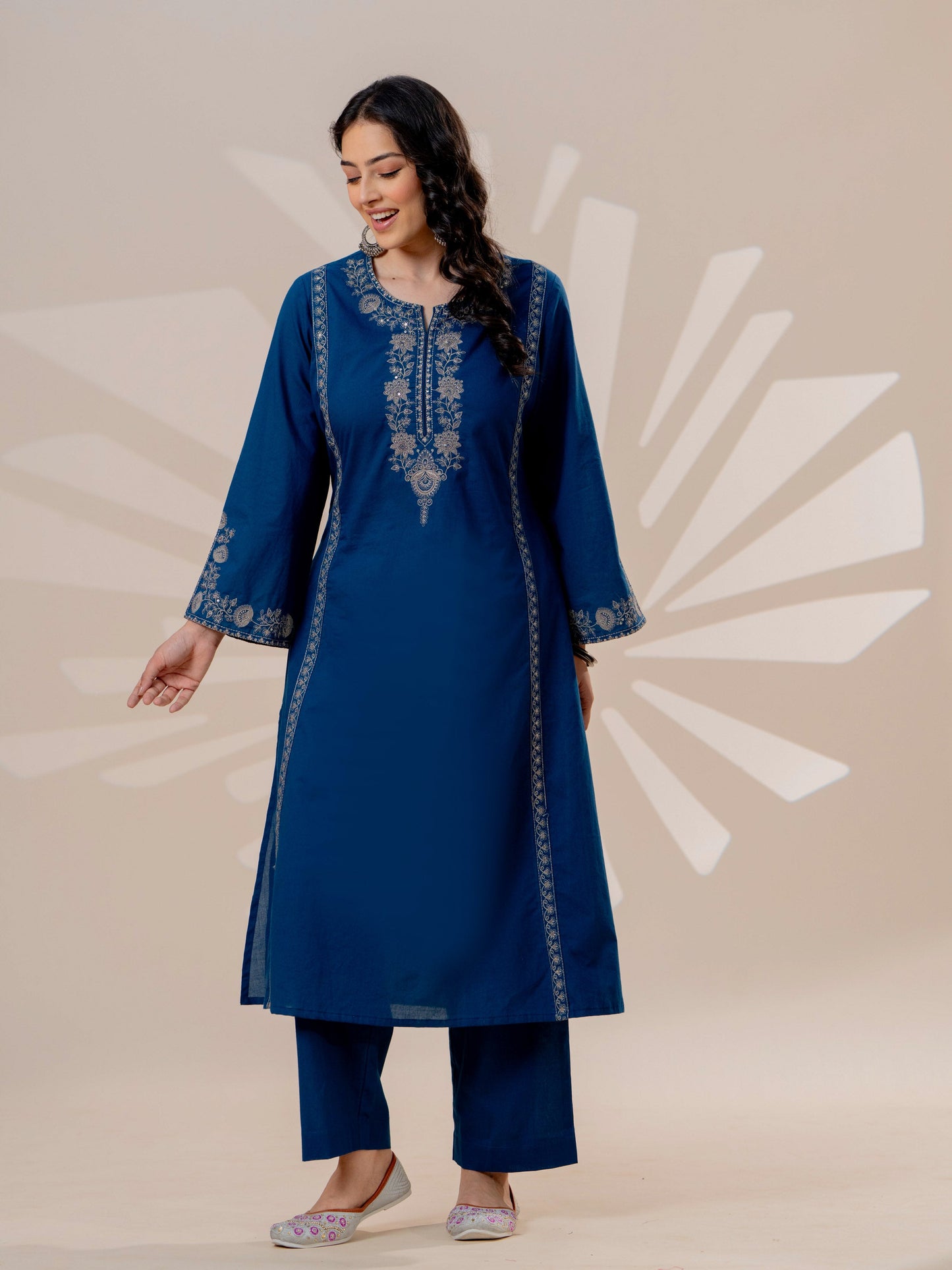 Embroidered Soft cotton Solid A-line Blue Kurta