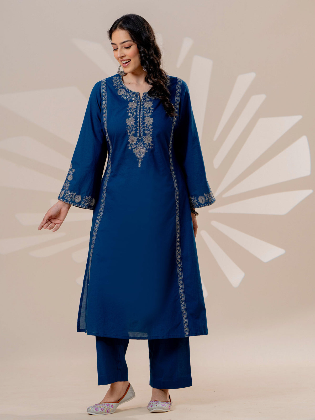 Embroidered Soft cotton Solid A-line Blue Kurta