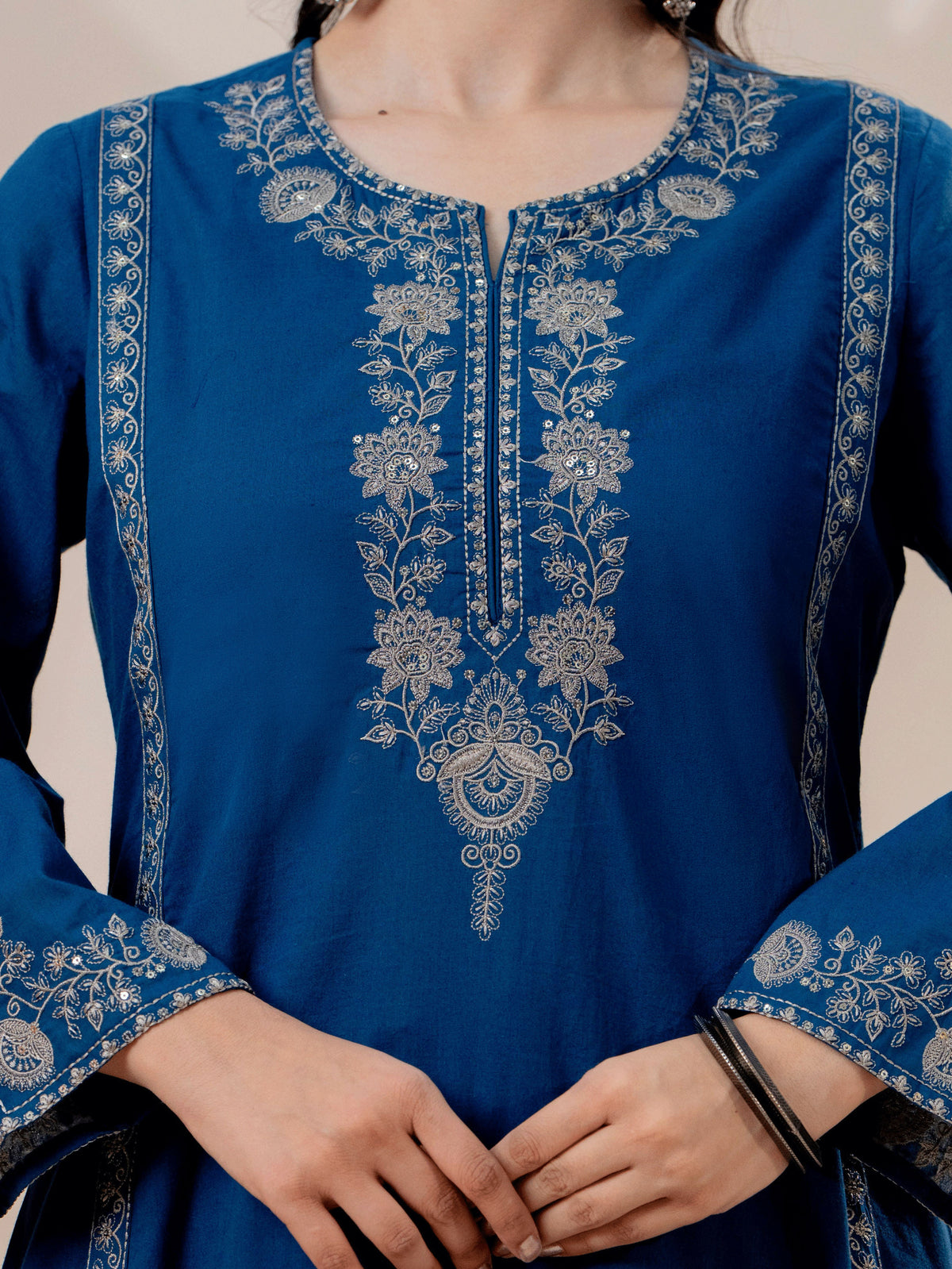 Embroidered Soft cotton Solid A-line Blue Kurta