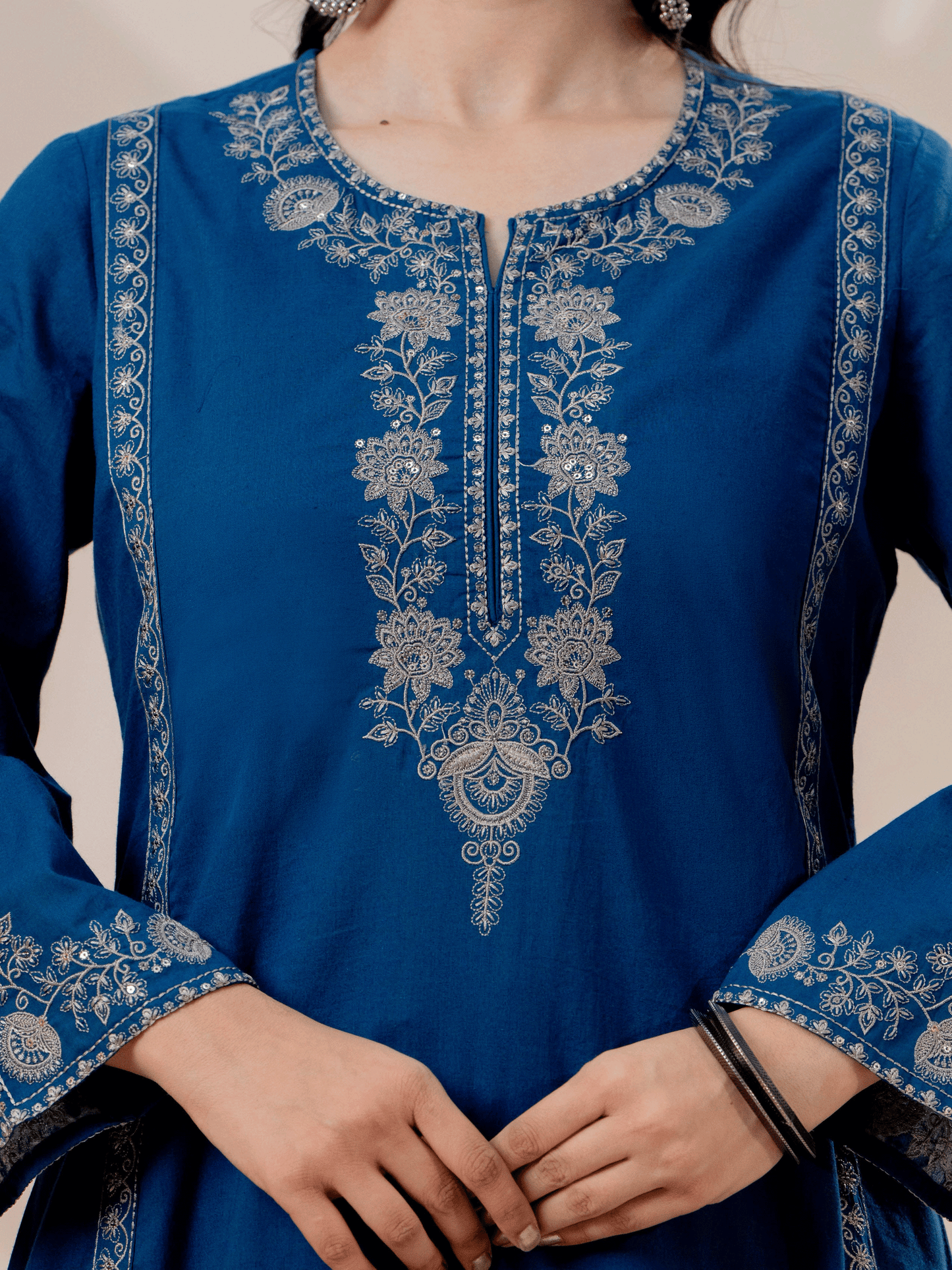 Embroidered Soft cotton Solid A-line Blue Kurta