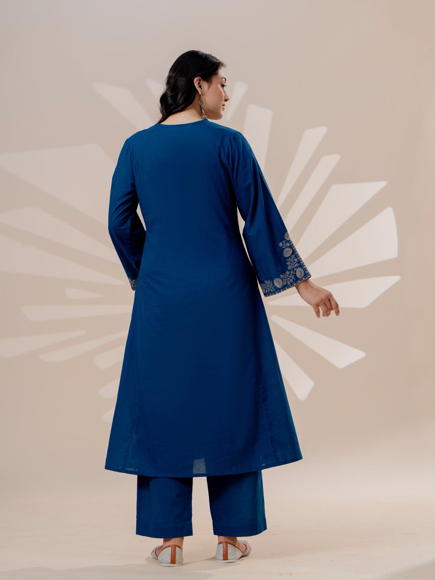 Embroidered Soft cotton Solid A-line Blue Kurta