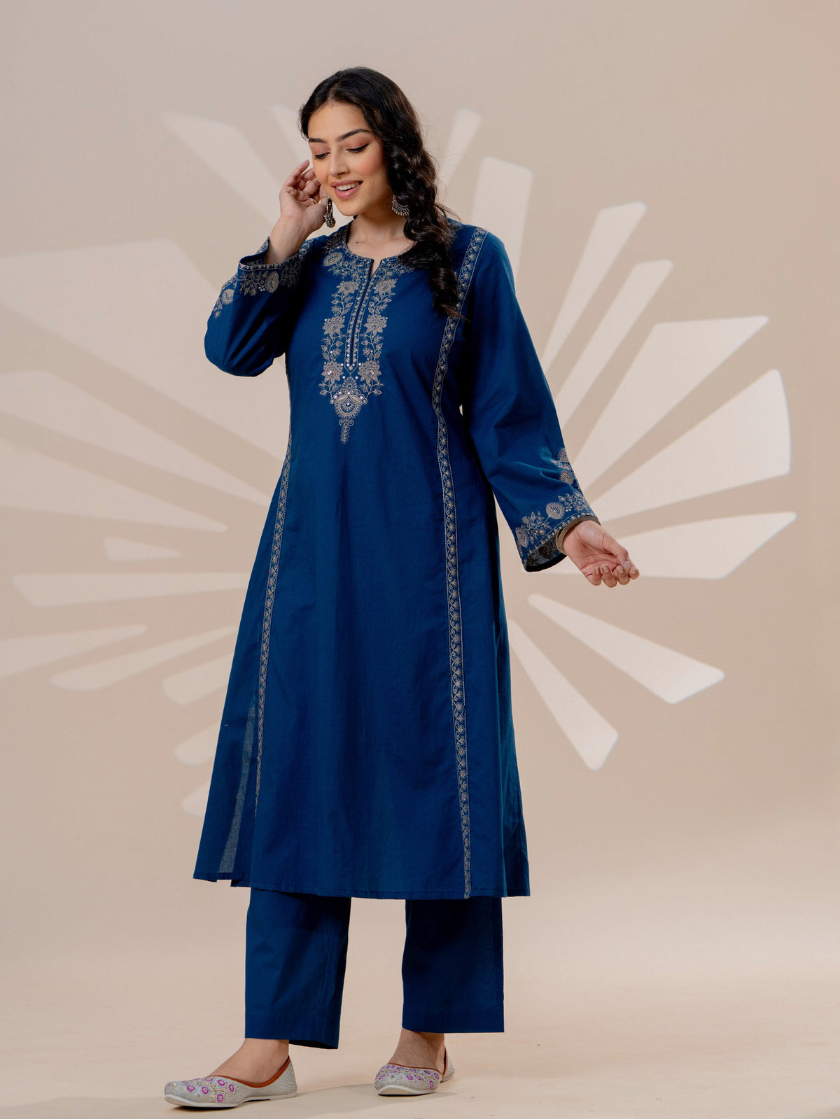Embroidered Soft cotton Solid A-line Blue Kurta