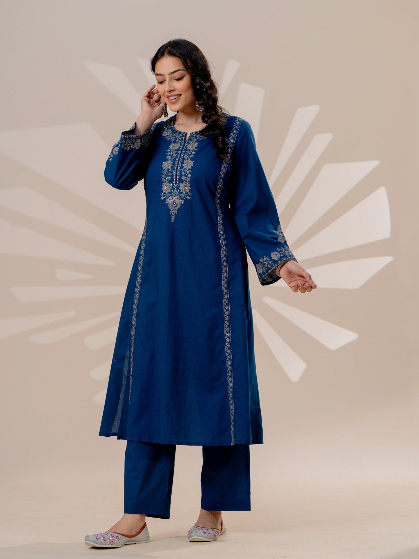 Embroidered Soft cotton Solid A-line Blue Kurta