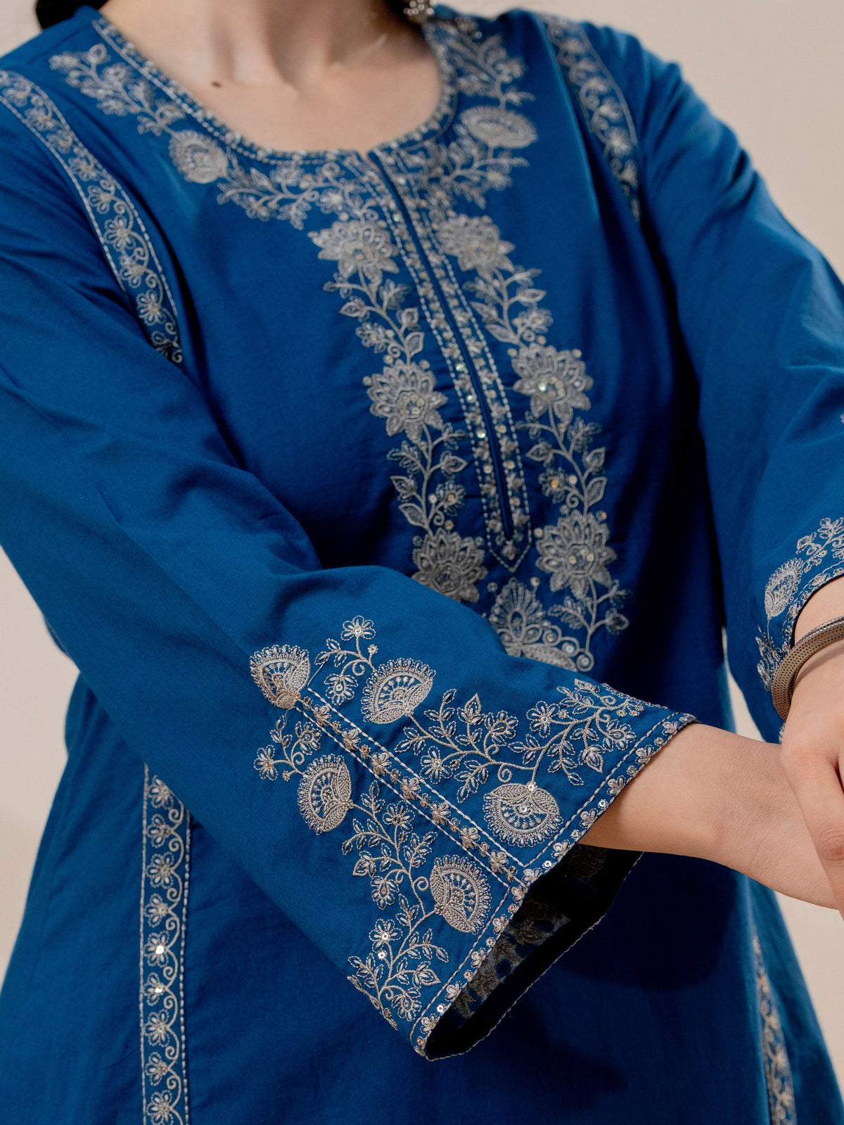 Embroidered Soft cotton Solid A-line Blue Kurta