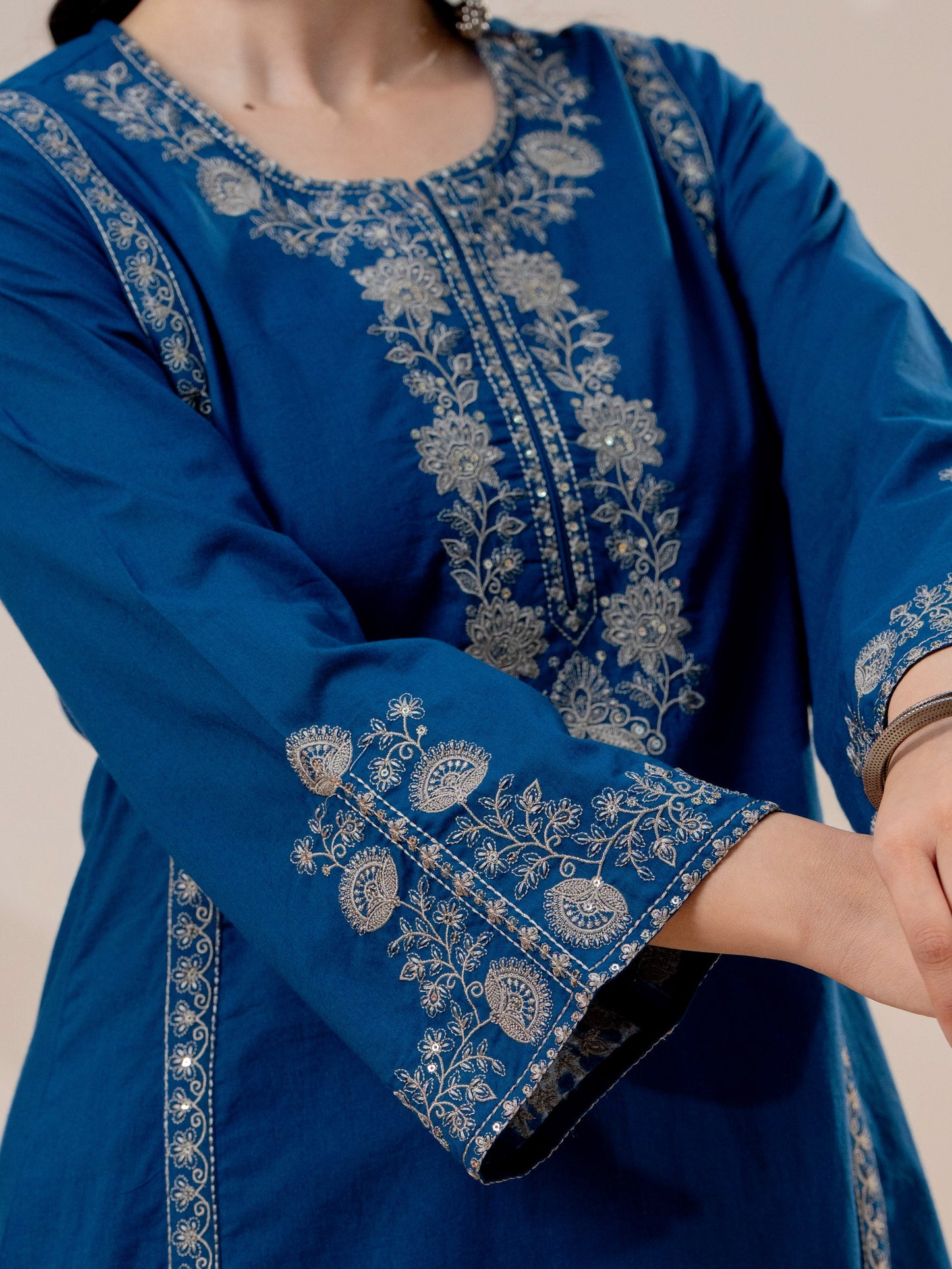 Embroidered Soft cotton Solid A-line Blue Kurta