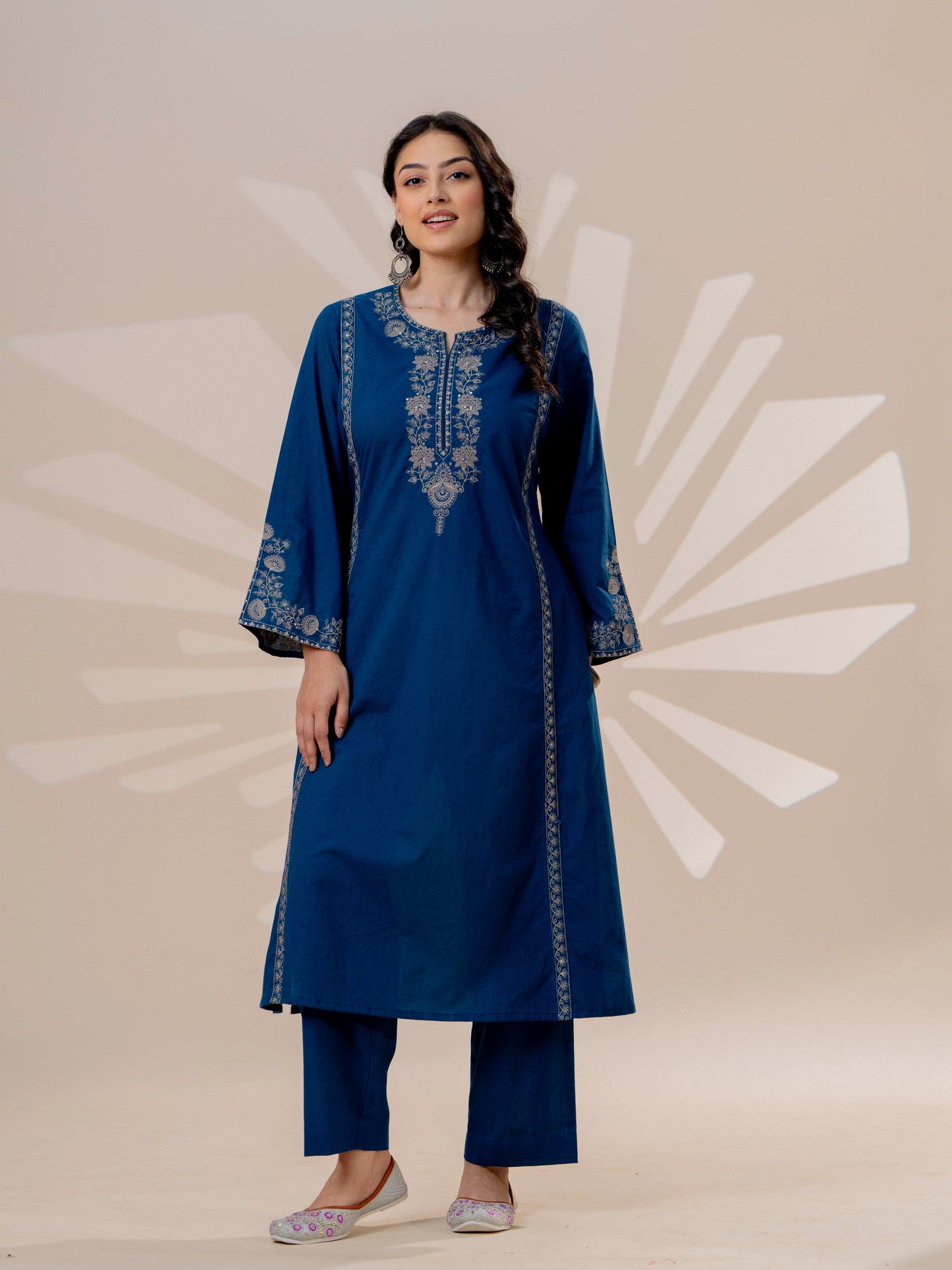 Embroidered Soft cotton Solid A-line Blue Kurta