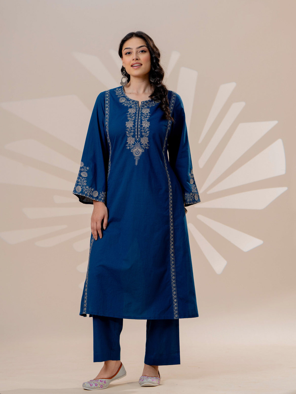 Embroidered Soft cotton Solid A-line Blue Kurta