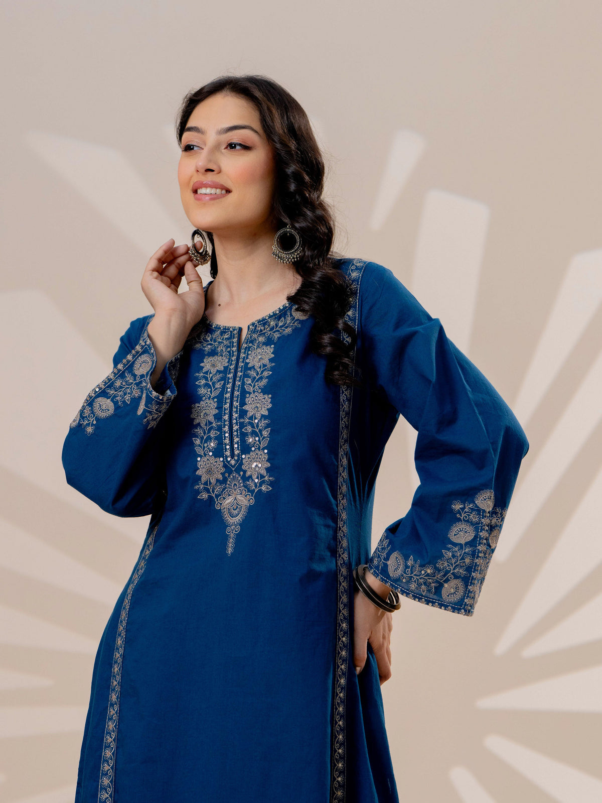 Embroidered Soft cotton Solid A-line Blue Kurta