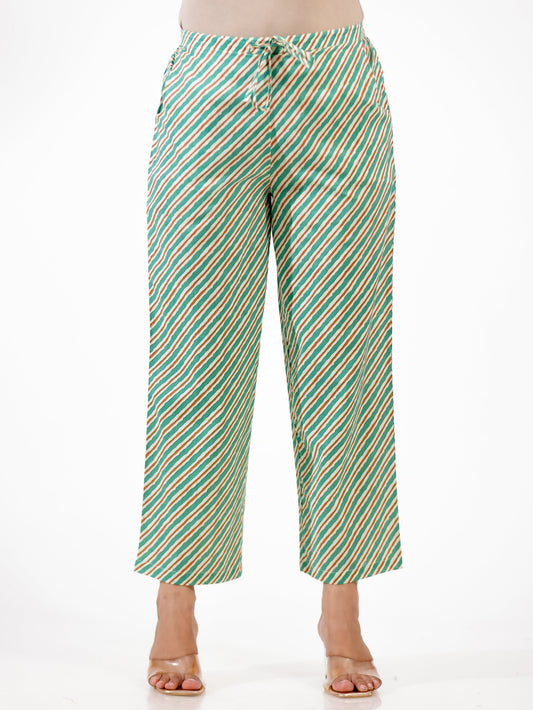Soft Cotton Striped Green Straight Trousers