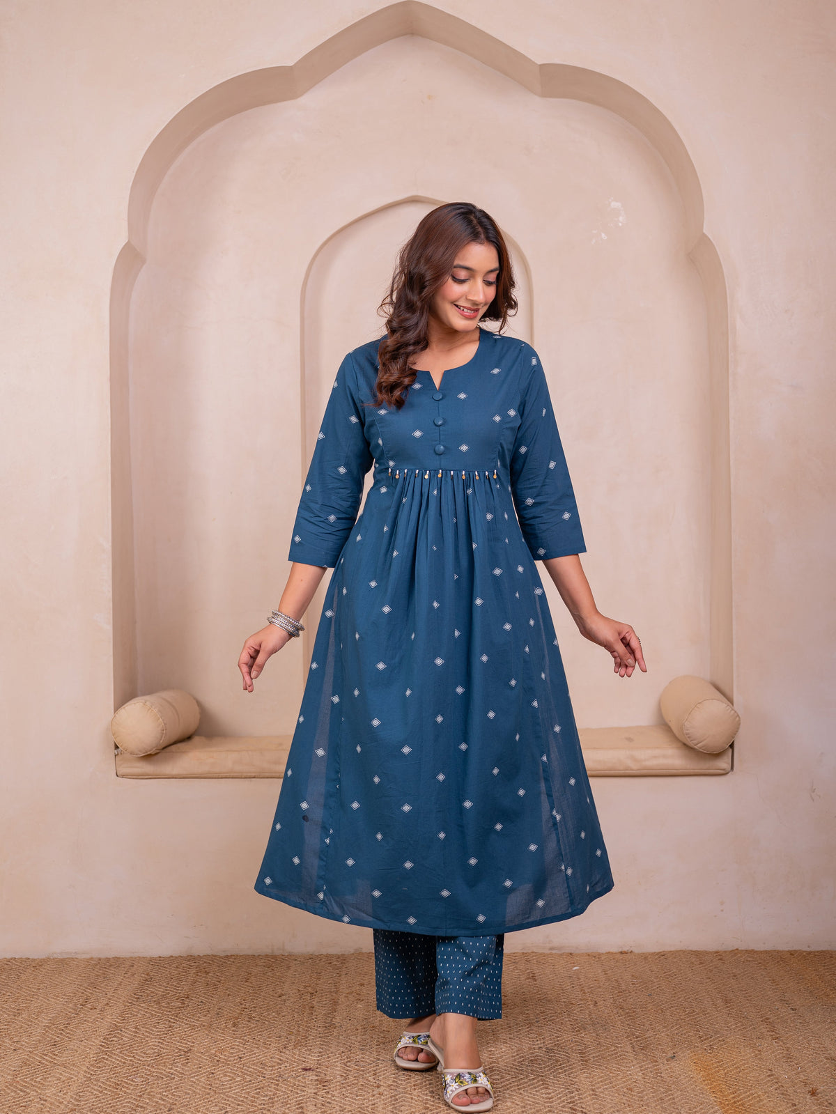 Soft Cotton Butti A-Line Blue Kurta