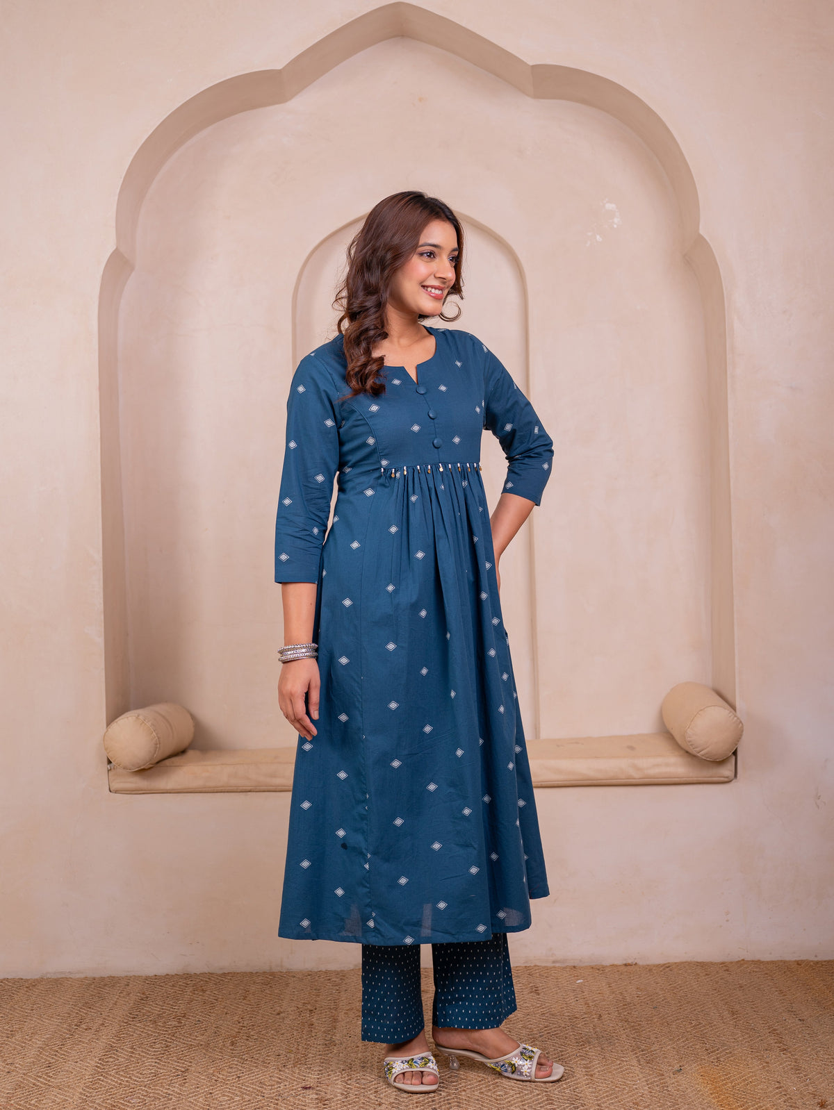 Soft Cotton Butti A-Line Blue Kurta