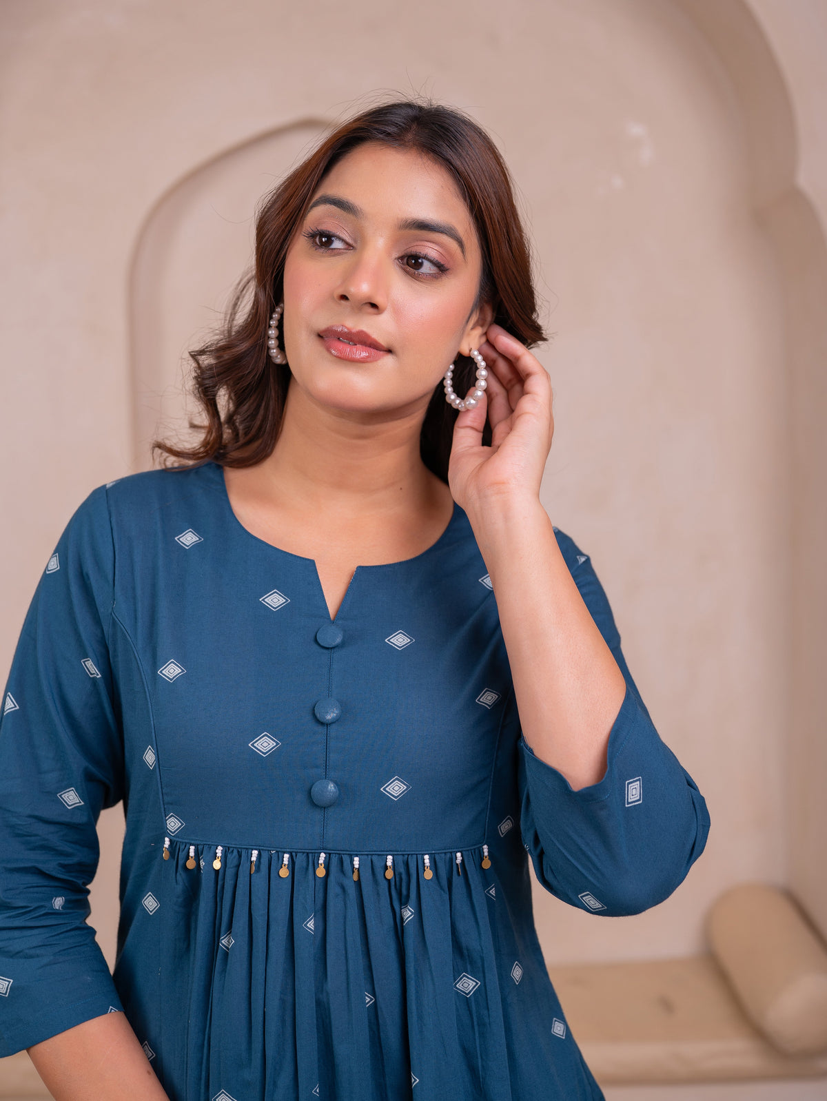 Soft Cotton Butti A-Line Blue Kurta