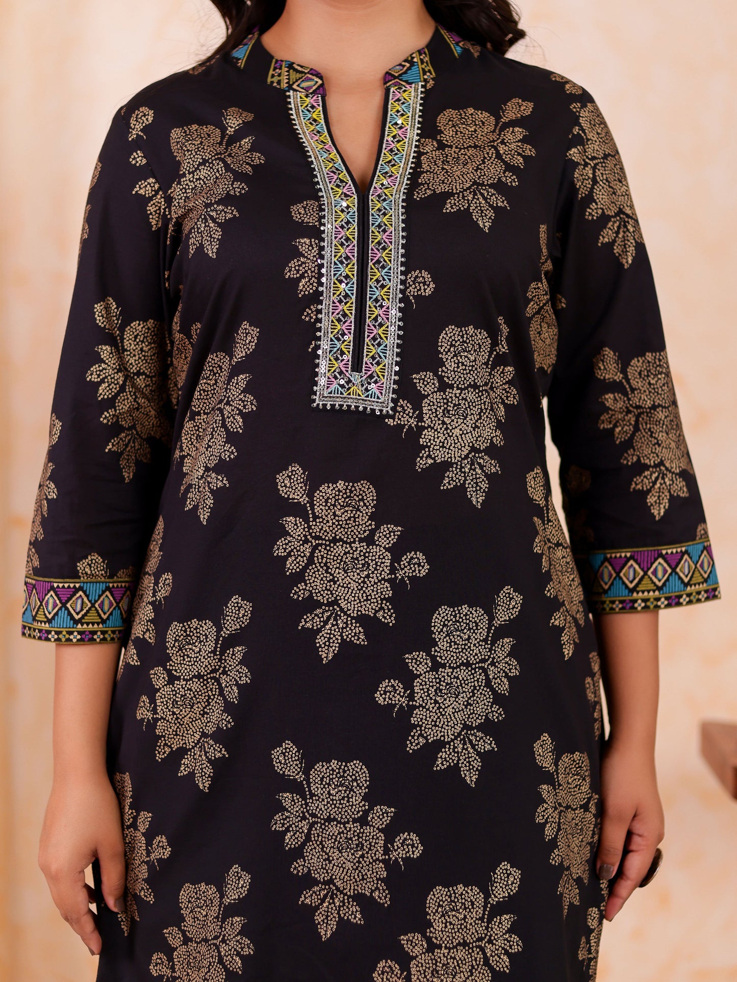 Embroidered Soft cotton Gold foil Straight Black Kurta