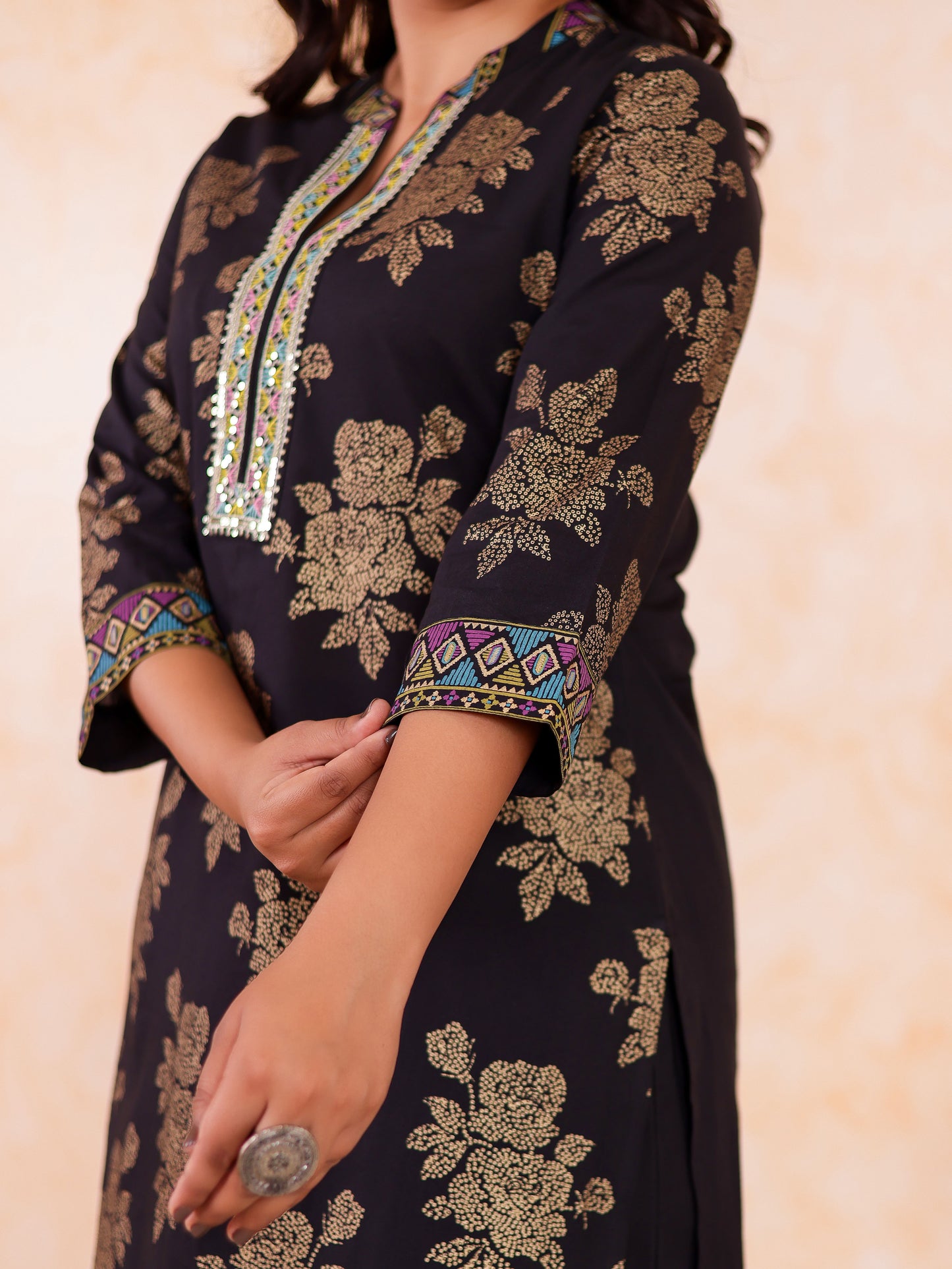 Embroidered Soft cotton Gold foil Straight Black Kurta