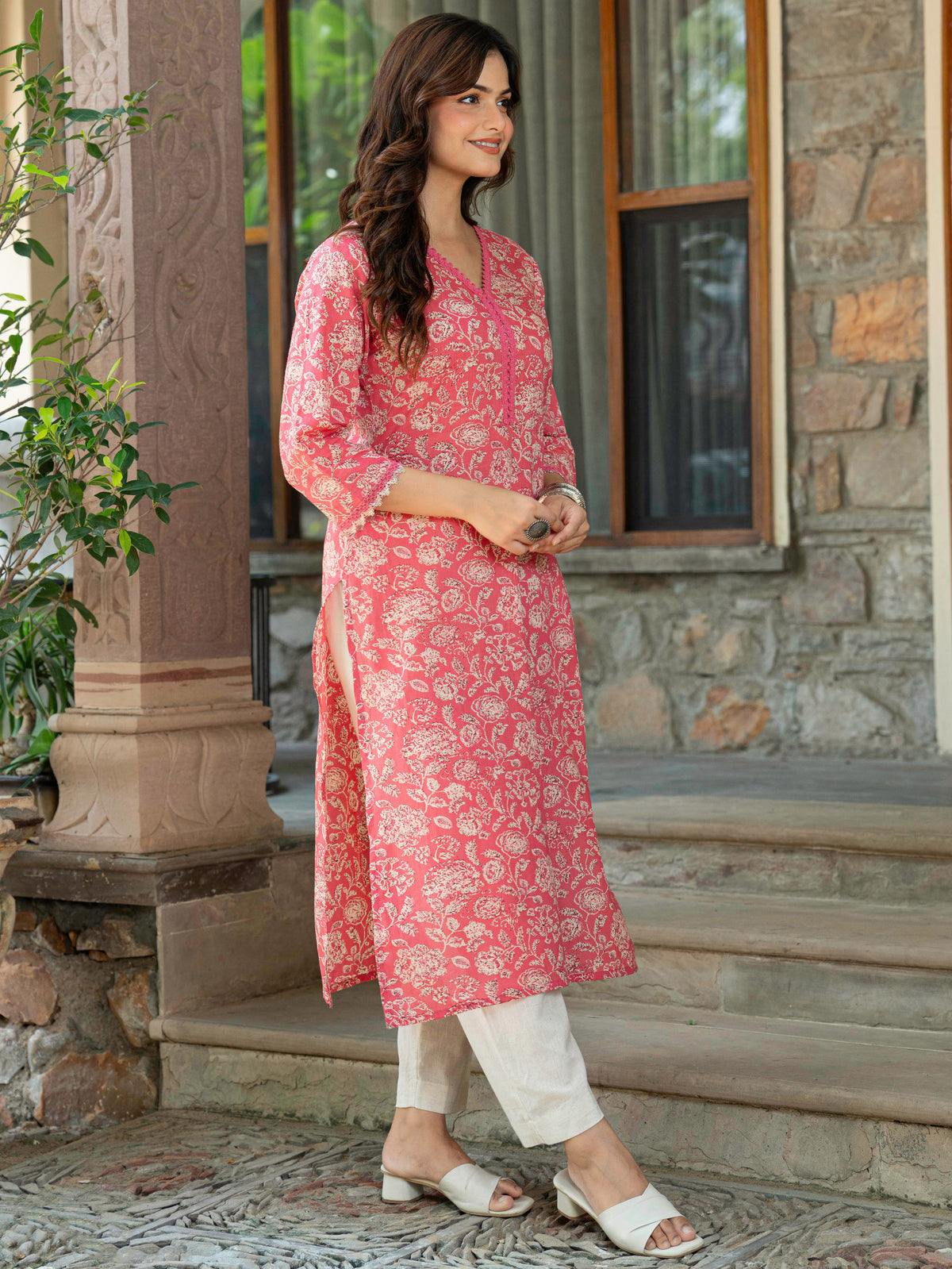 Soft Cotton Floral Straight Pink Kurta